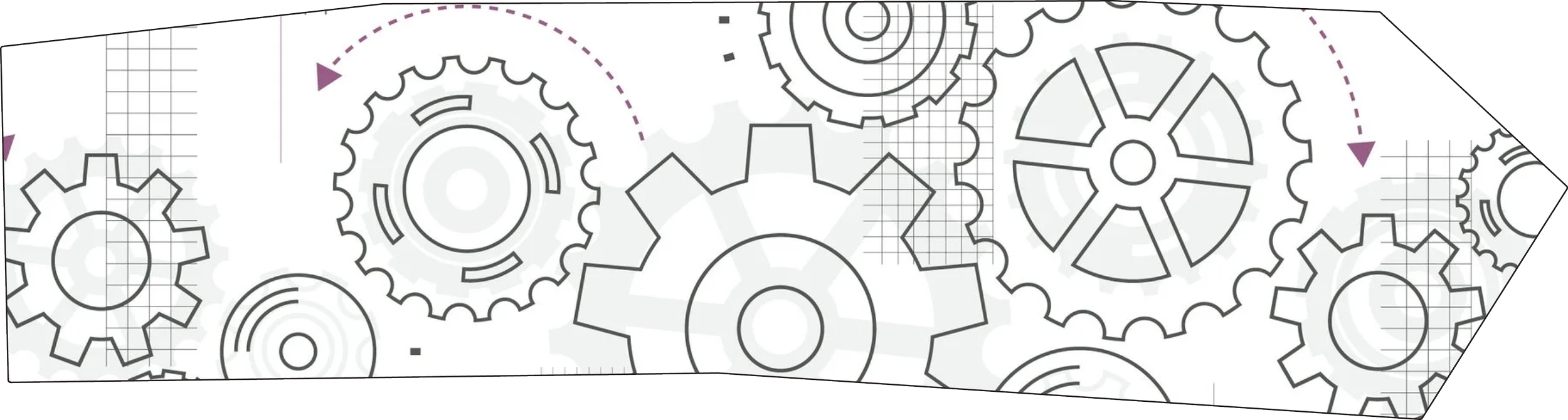 Illustration of interconnected gears in black and white with grid backgrounds and purple arrows.