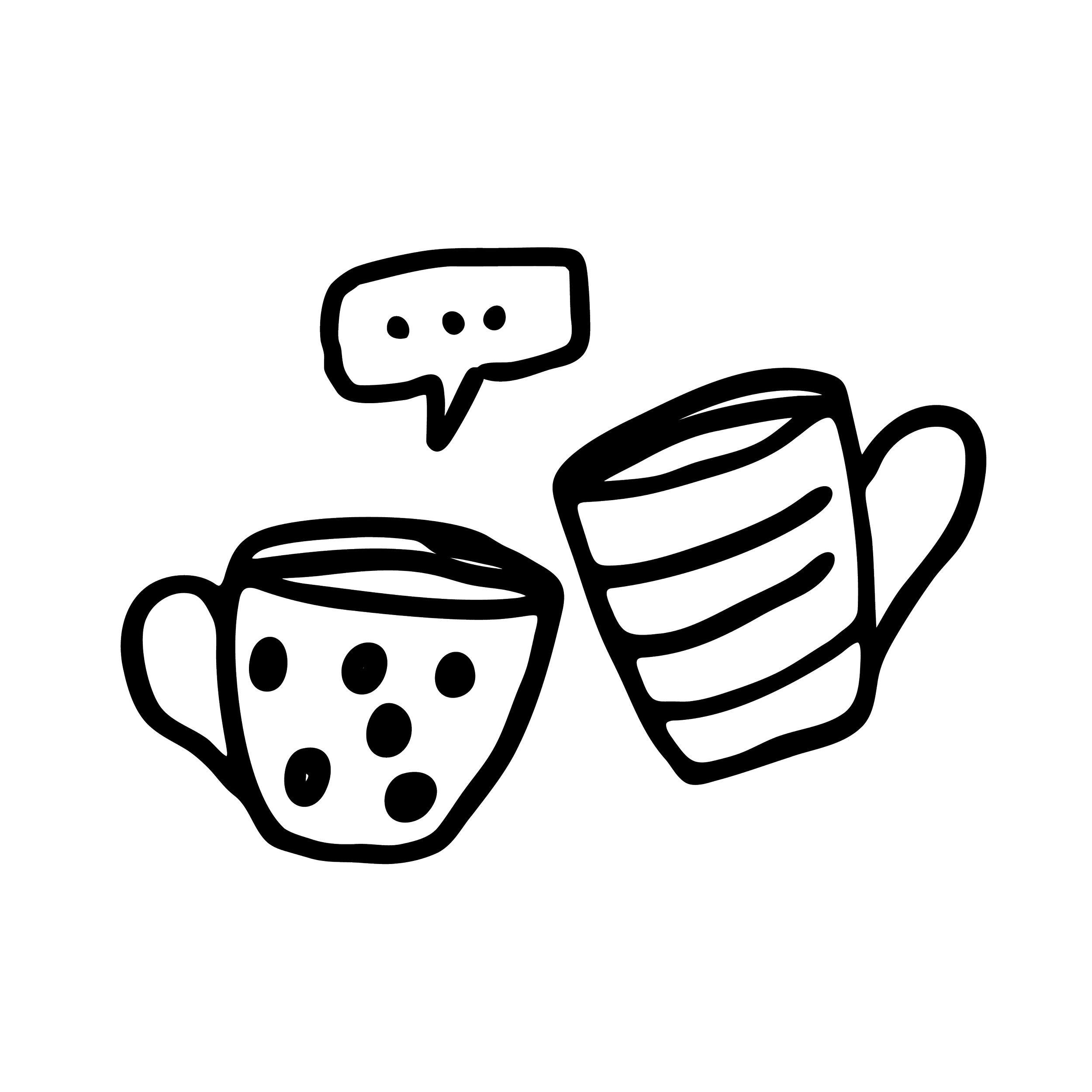 Outline drawing of two coffee mugs, one with a polka dot design, and a speech bubble with three dots above, on a black background.