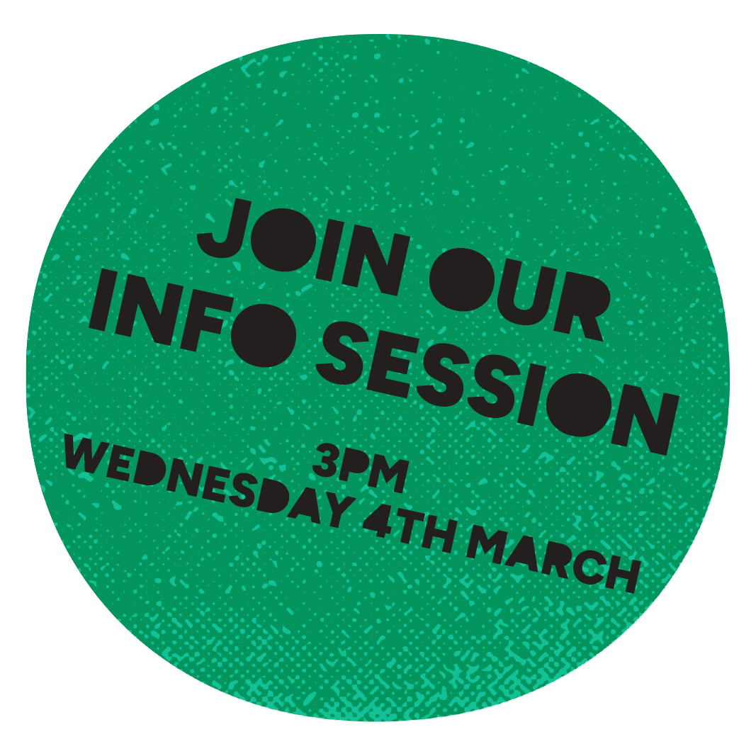 Green circular flyer inviting people to join an info session on Wednesday, March 4th at 3 PM.