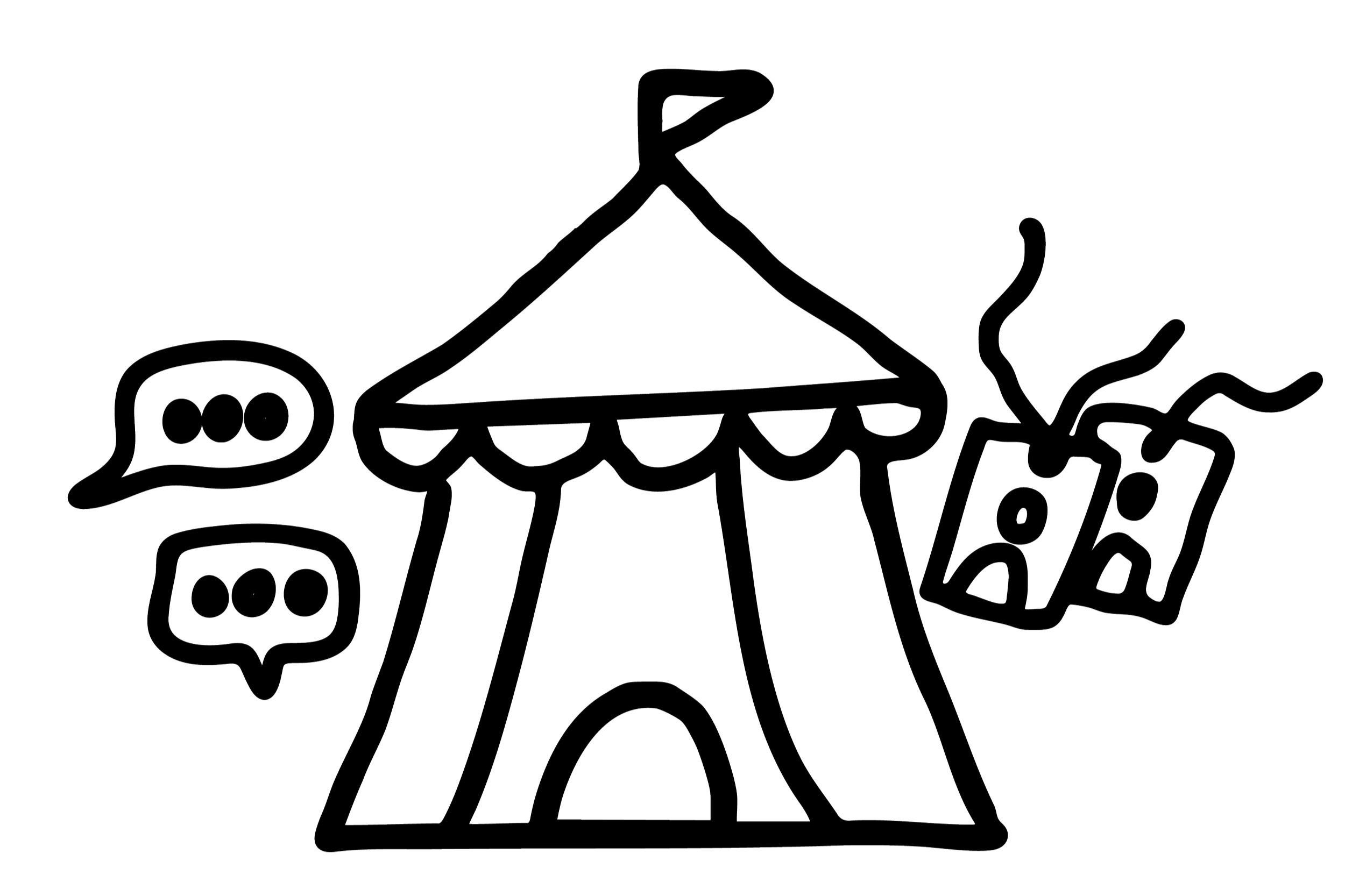 Outline of a circus tent with speech bubbles and dollar bills with eyes and mouths, all drawn in a simple line art style on a black background.