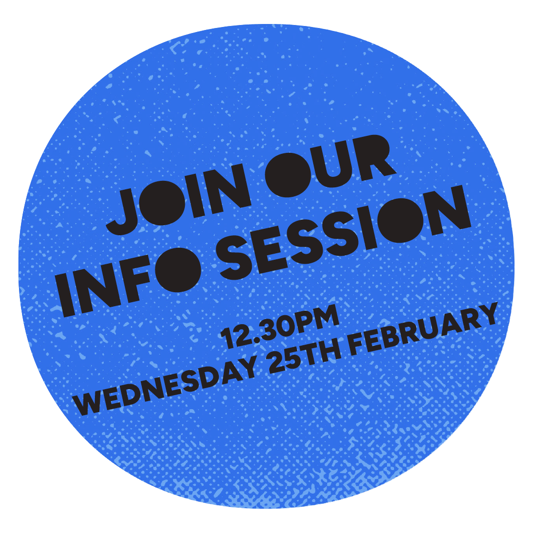 Blue circular promotional sign with black text inviting to join an info session on Wednesday, February 25th at 12:30 PM.