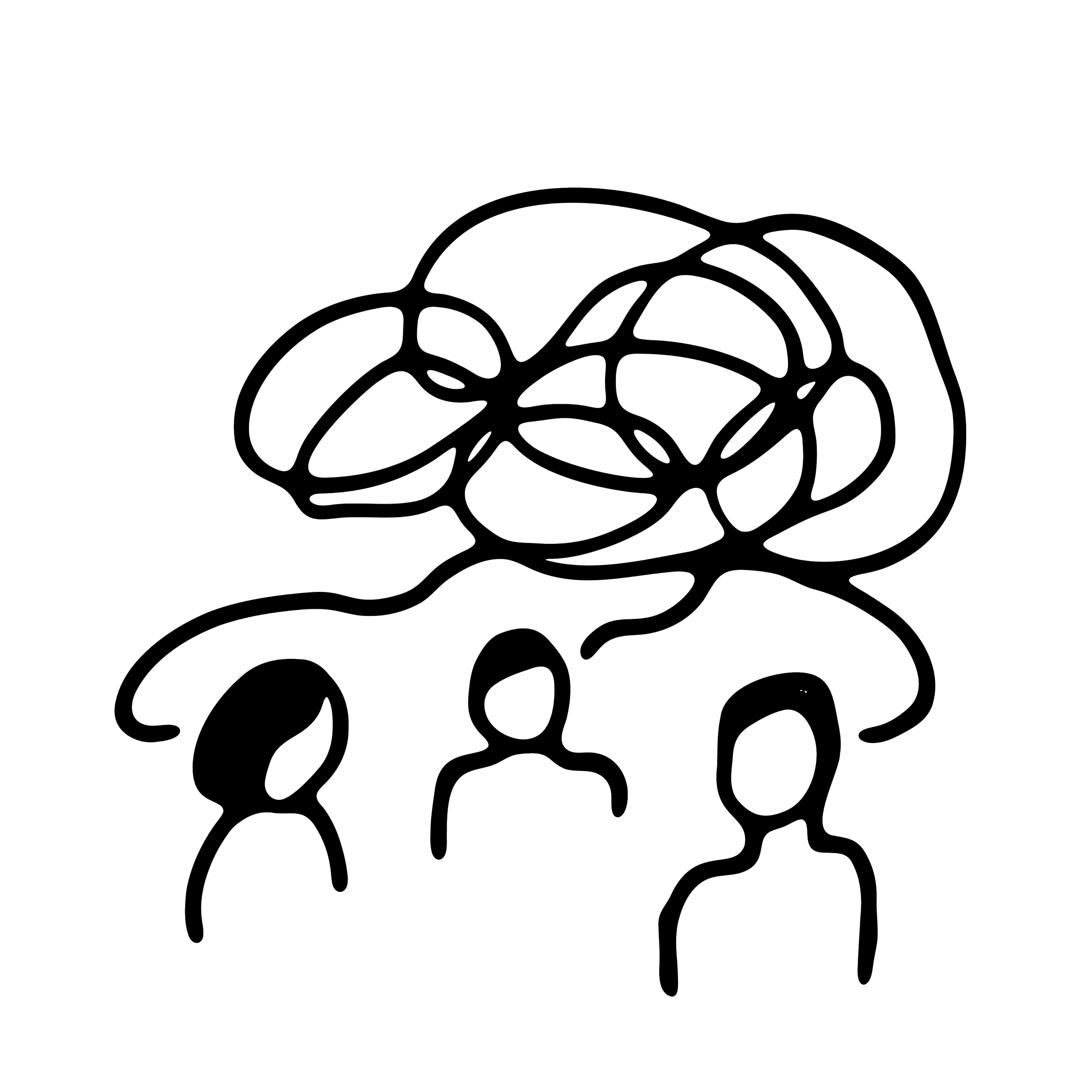 Line drawing of three people holding hands, with a brain above them, symbolizing collaboration and cognitive connection.