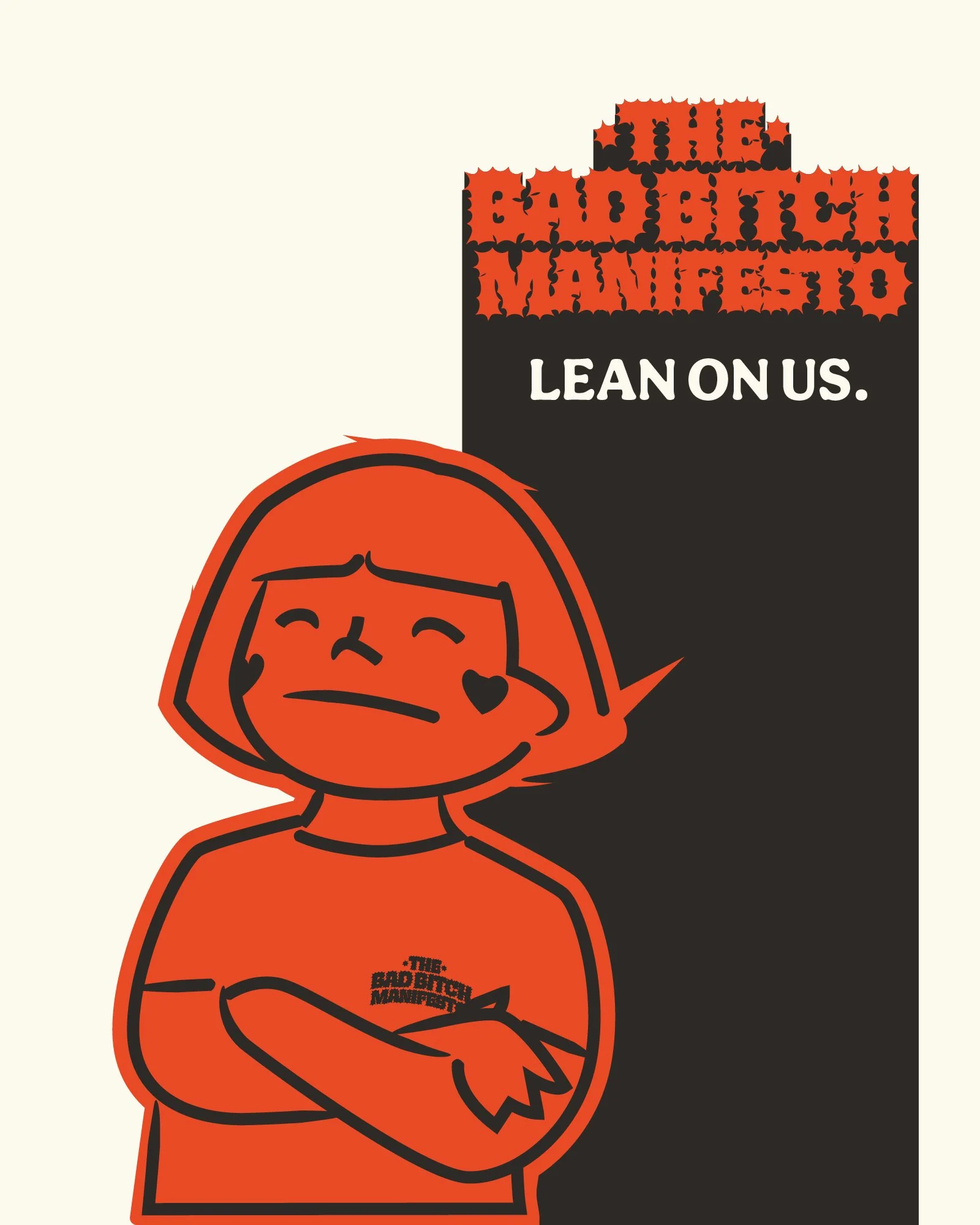 A cartoon girl with orange hair and a red shirt, arms crossed, looking thoughtful, with a black heart on her cheek and a black spot on her nose, standing in front of a sign that says, 'LEARN ON US.'