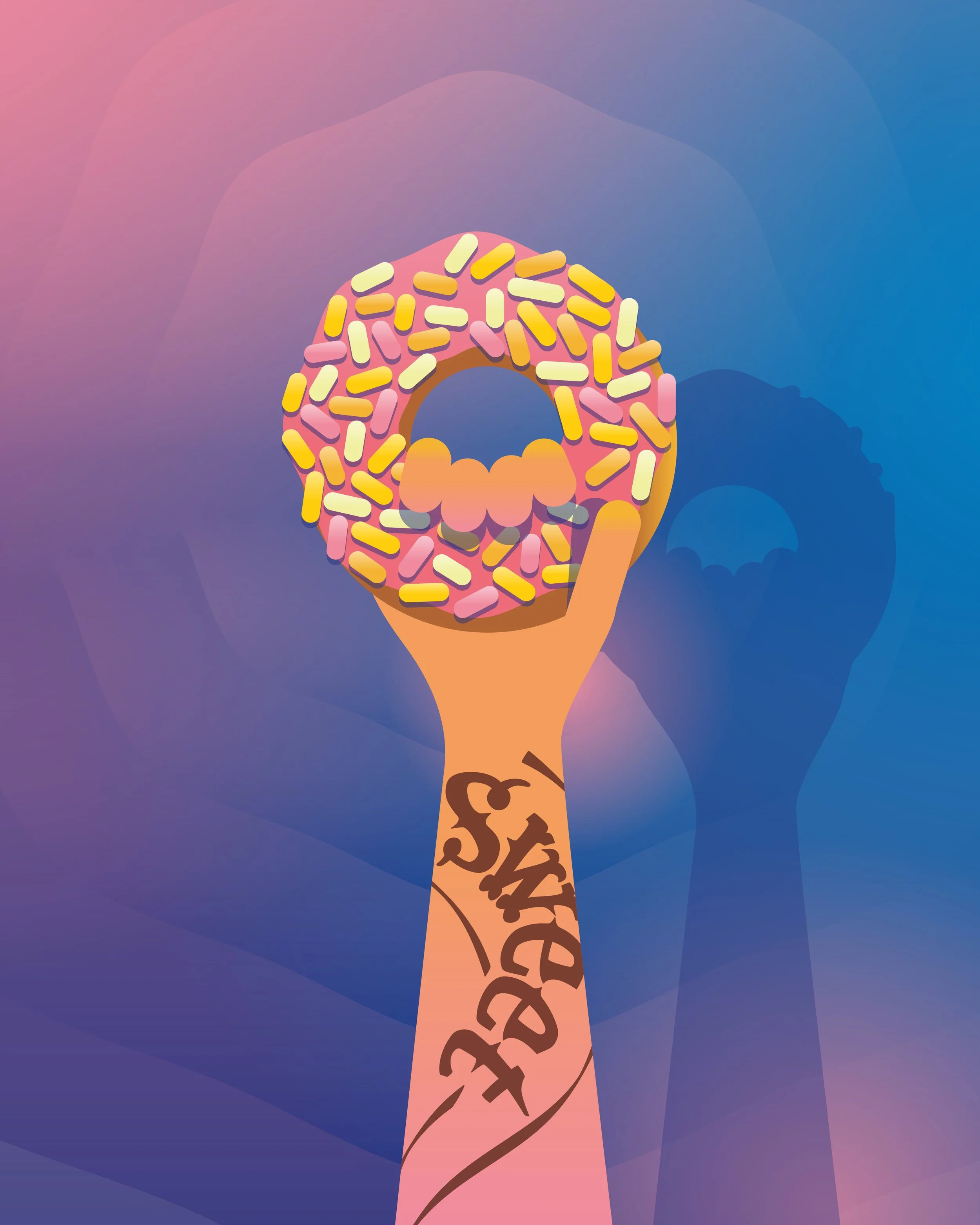 Bold, colourful, graphic illustration, clean, lifestyle brand design and vector artwork, by UK artist Ben the Illustrator, featuring a tattooed arm which is holding a bright coloured donut.