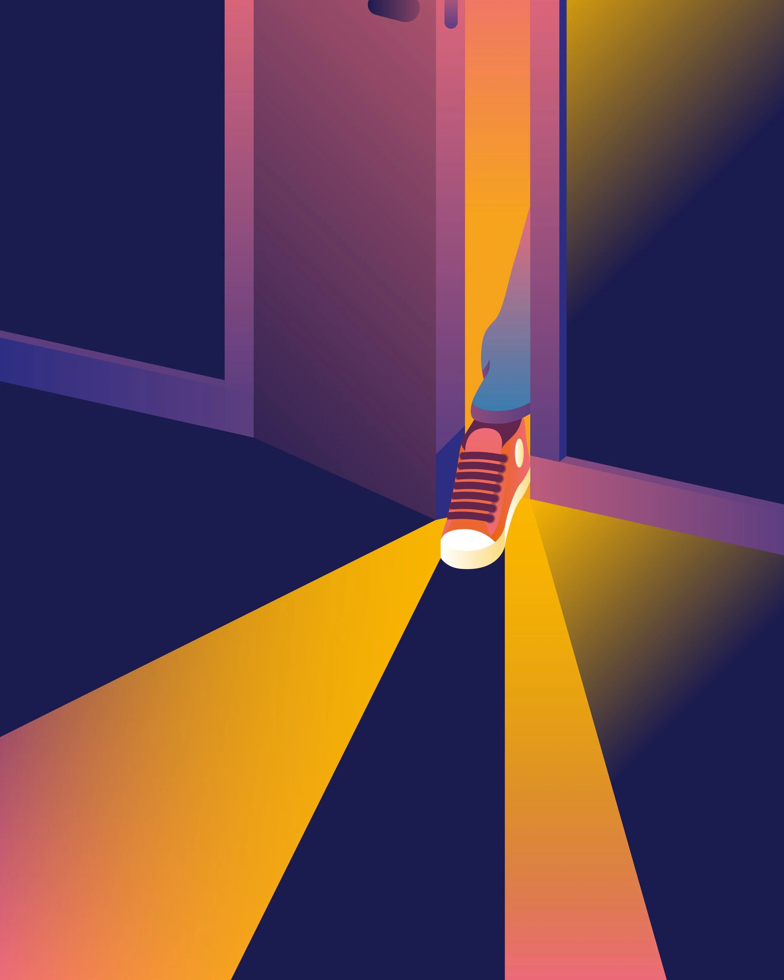 Bold, colourful, graphic illustration, clean, lifestyle brand design and vector artwork, by UK artist Ben the Illustrator, featuring a foot stepping into a dark room, beams of light coming from behind the figure.
