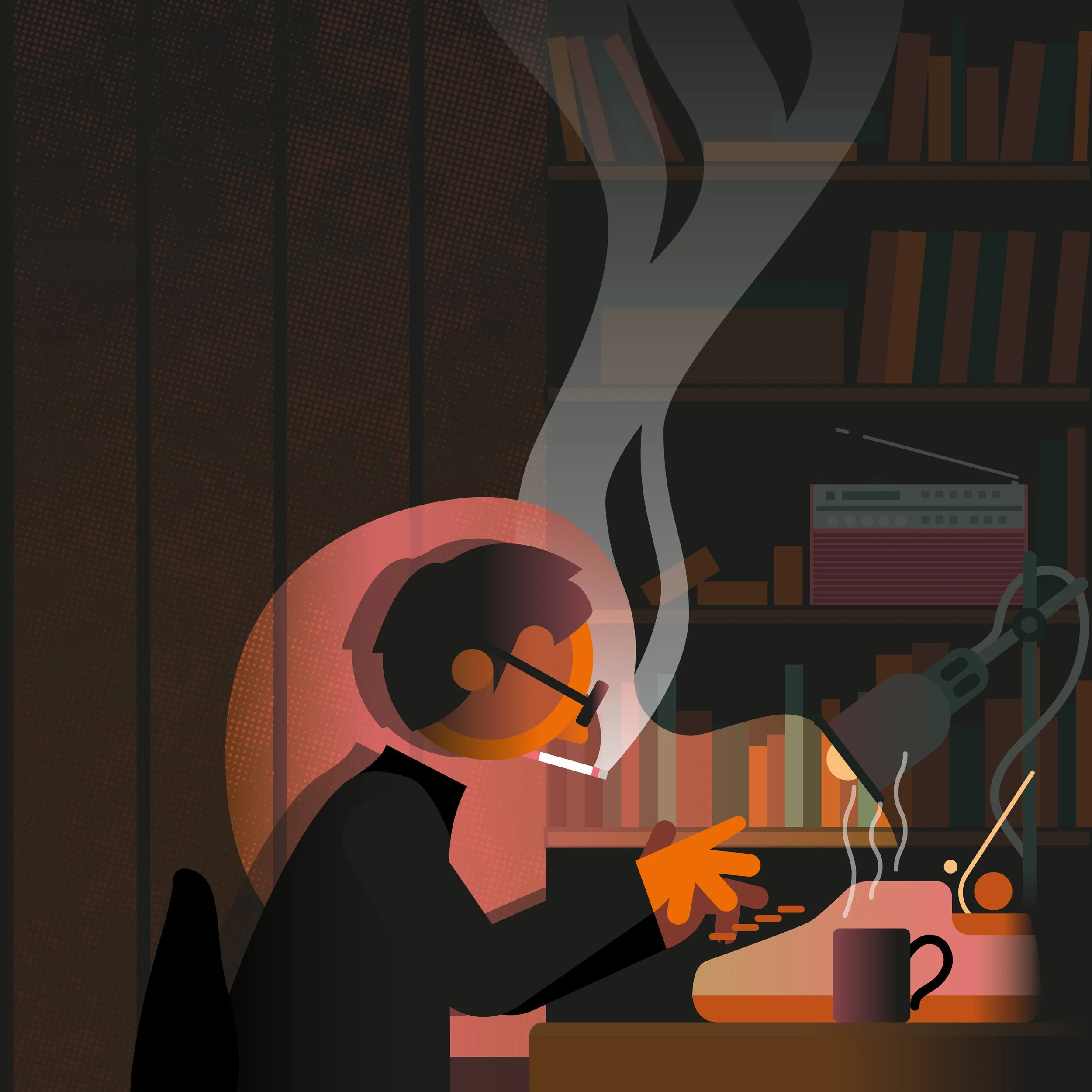 An animated illustration of a person sitting at a desk, smoking a cigarette, with a cup of hot beverage and a steaming kettle. The person is using a computer with a background of a bookshelf and a radio.