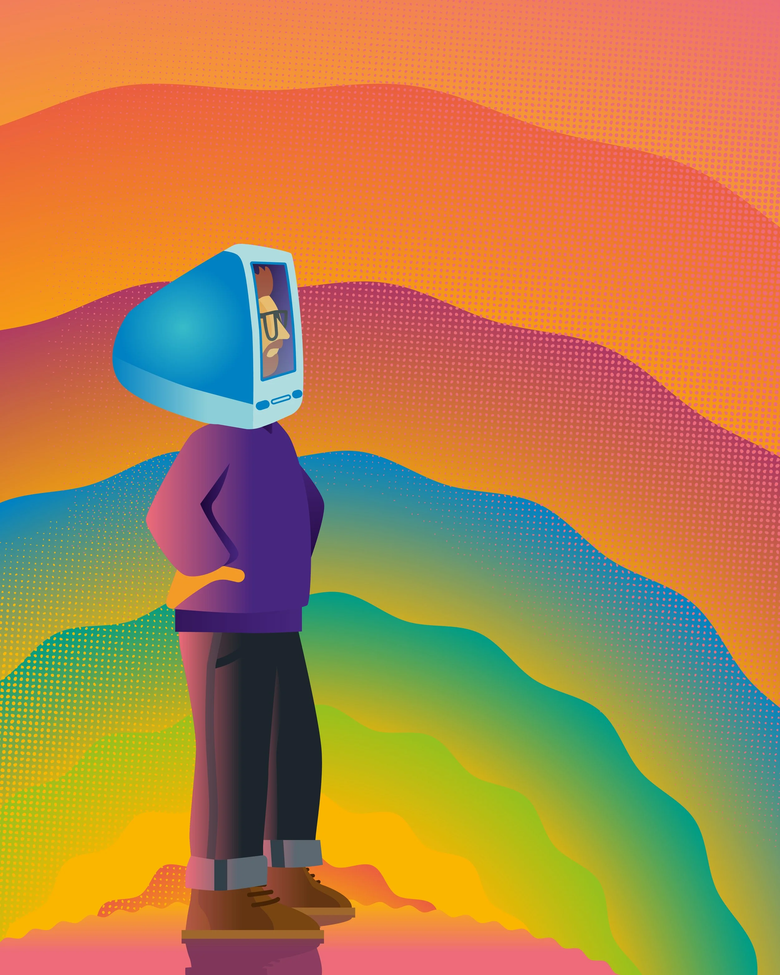 Bold, colourful, graphic illustration, clean, lifestyle brand design and vector artwork, by UK artist Ben the Illustrator, featuring  figure with a retro Apple Mac on his head.
