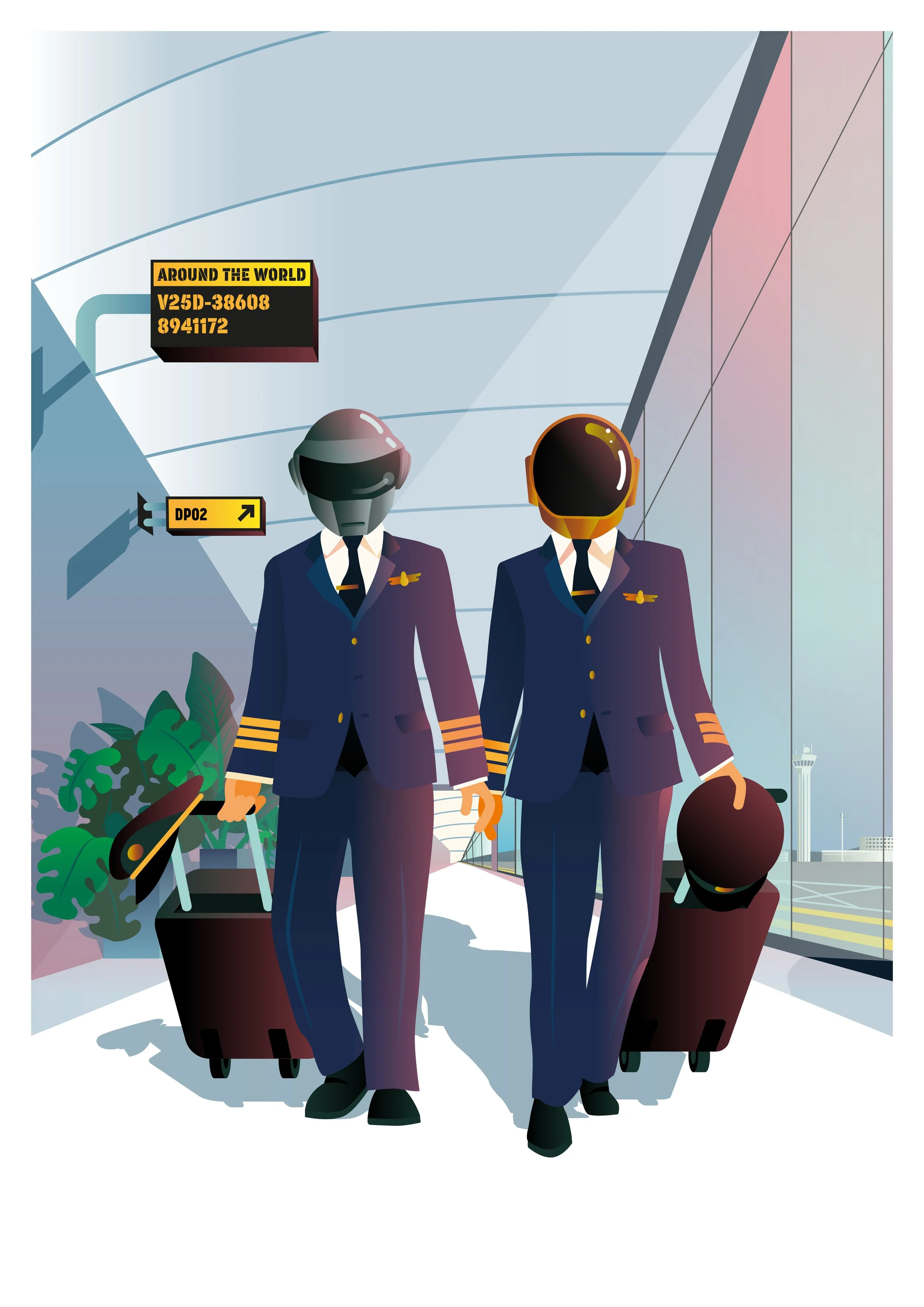 Two pilots in uniform walking through an airport, carrying luggage and wearing helmets, with large windows showing part of an airport runway.