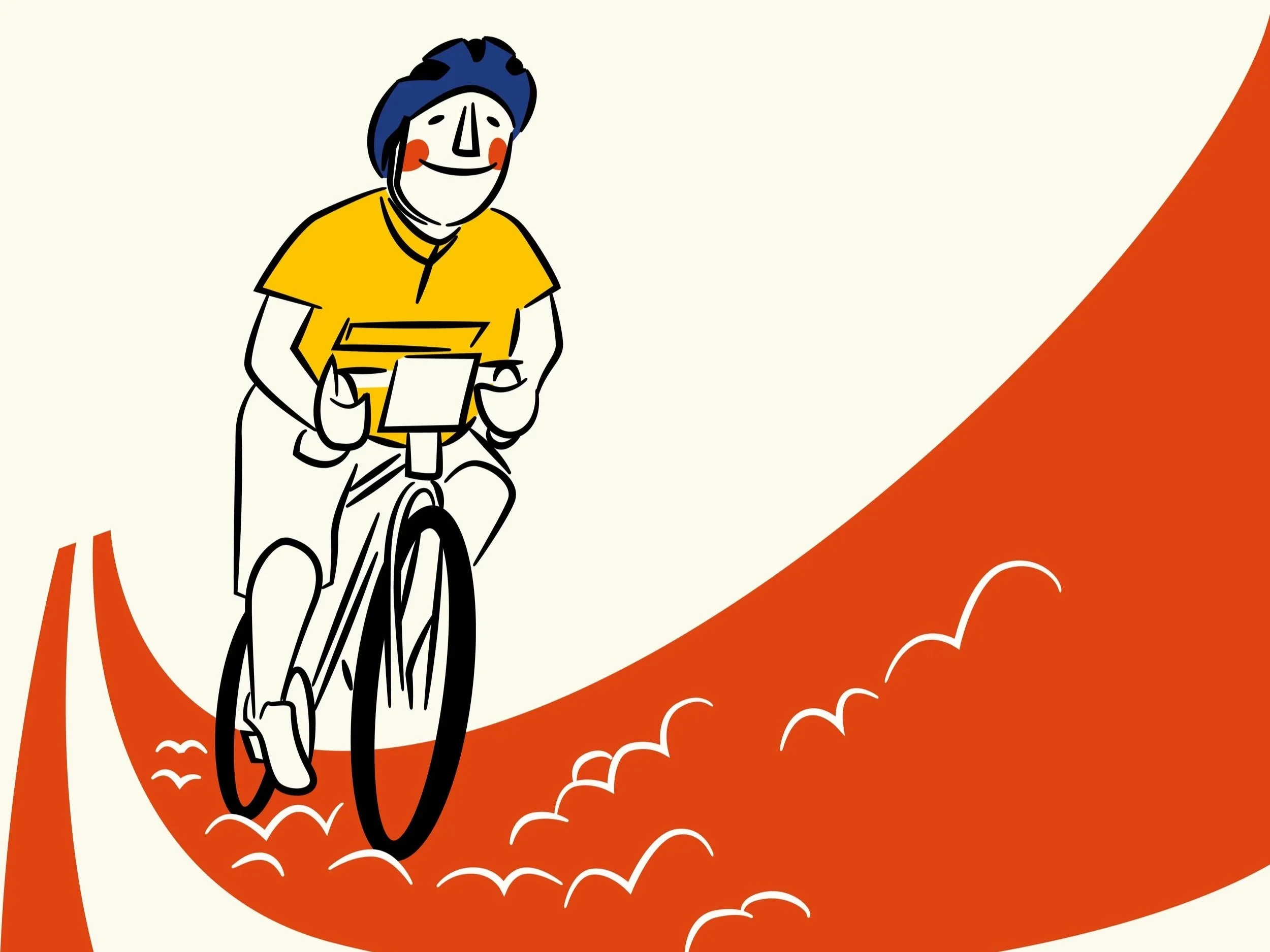 An illustration of a person riding a bicycle on a curved pathway with waves, wearing a yellow shirt and a blue helmet.