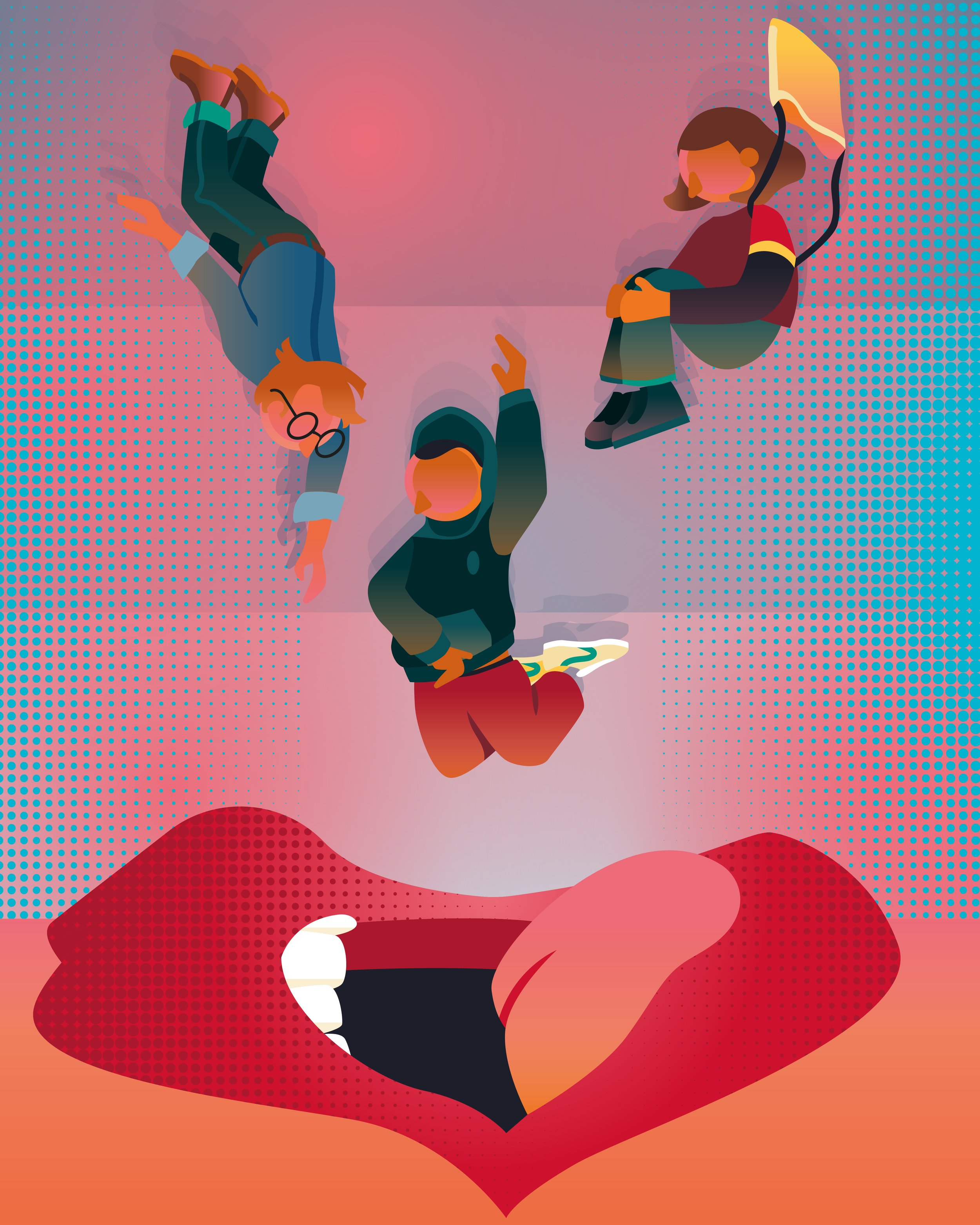 Bold, colourful, graphic illustration, clean, lifestyle brand design and vector artwork, by UK artist Ben the Illustrator, featuring a conceptual illustration of three people jumping into a huge mouth, like a crazy piece of editorial pop art.