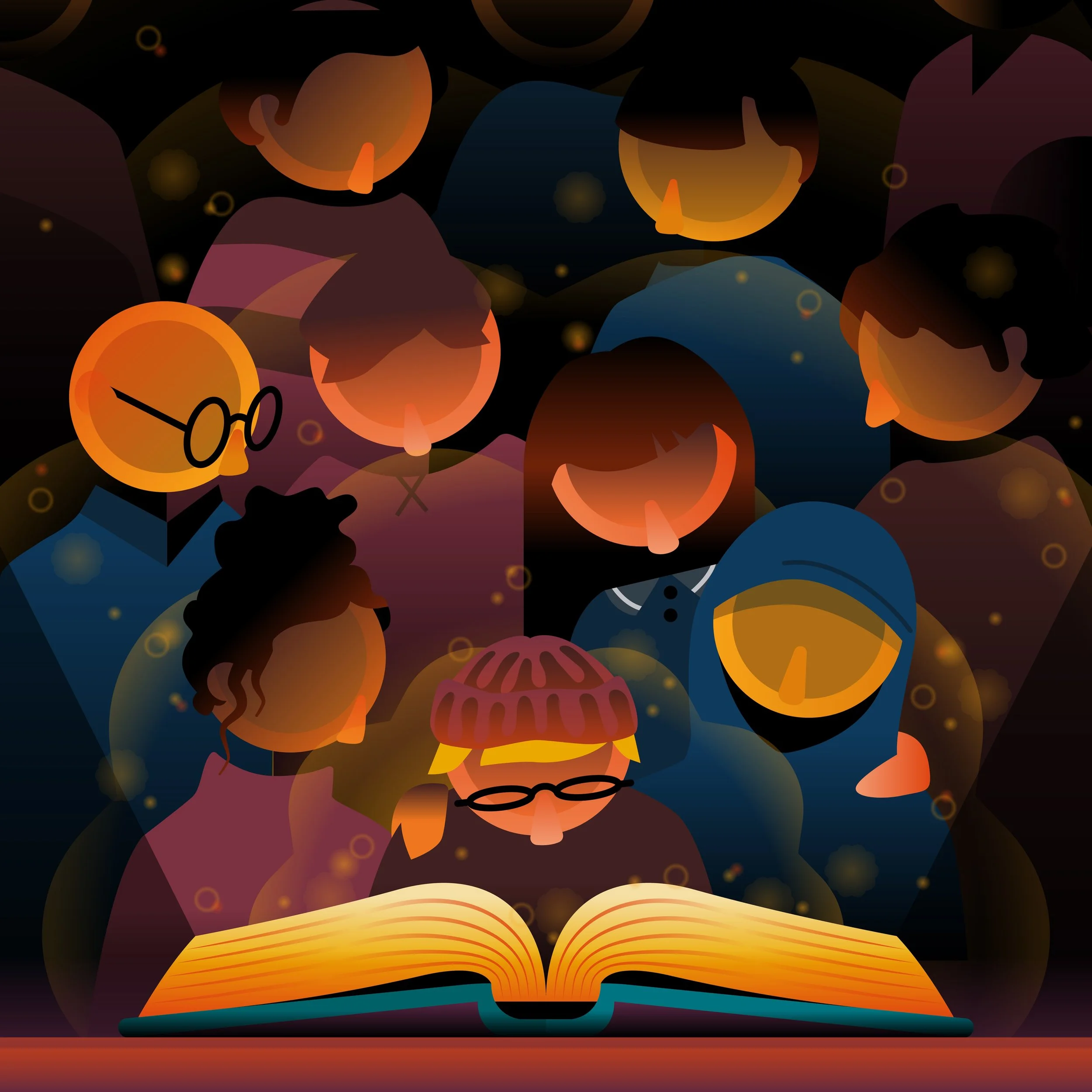 Bold, colourful, graphic illustration, clean, lifestyle brand design and vector artwork, by UK artist Ben the Illustrator, featuring a magical scene of people look at a big old book, lots of glowing lights and atmosphere.