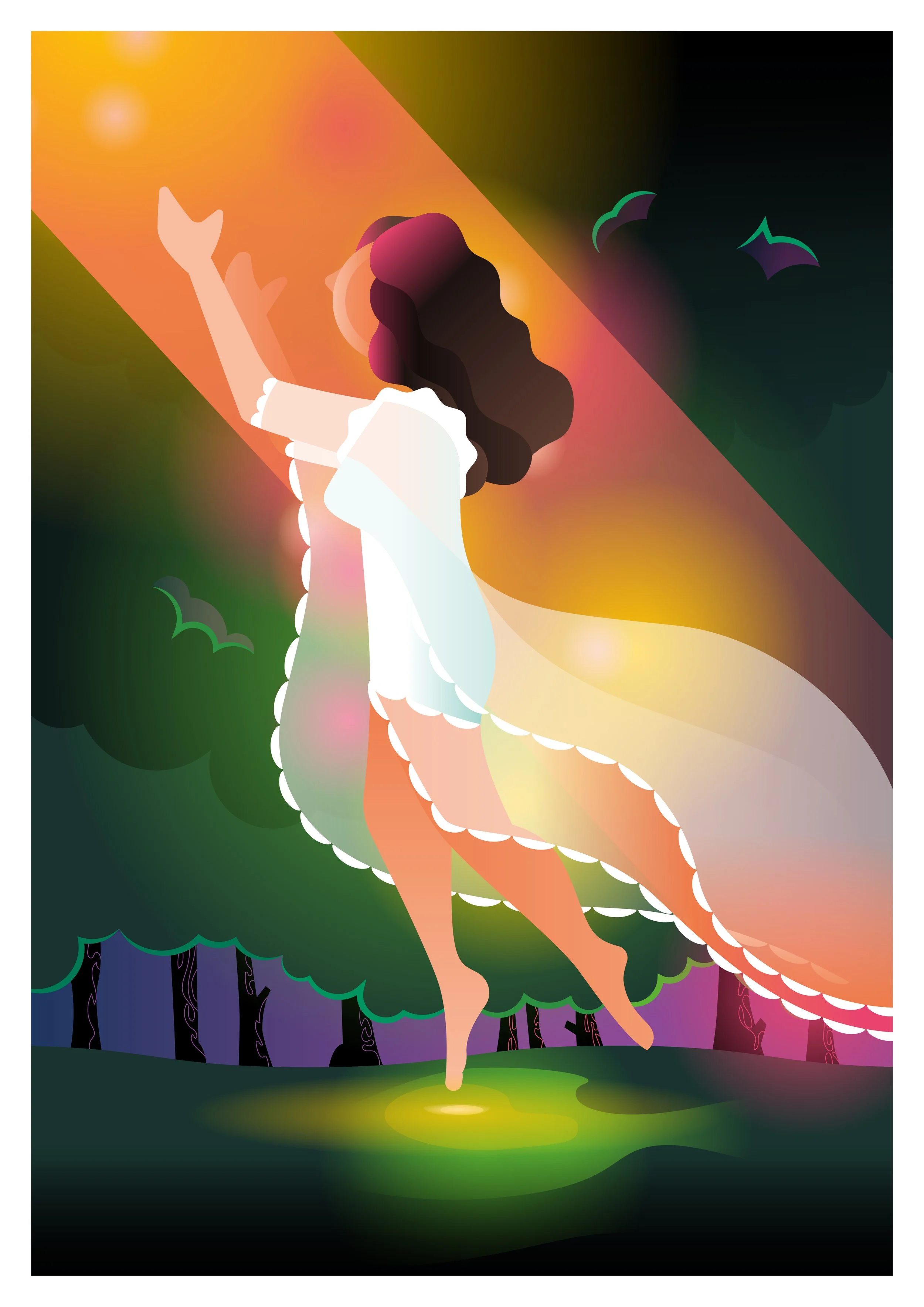 Illustration of a woman with long dark hair wearing a white dress, dancing in a colorful, surreal forest scene with trees, bats, and glowing light.