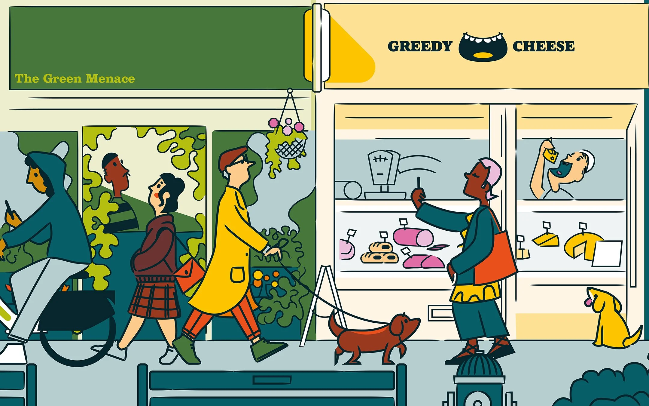 A vibrant lifestyle illustration of a contemporary street scene, featuring bold, graphic style and expressive figurative characters. Ideal for editorial illustration, advertising, and magazine design, this work highlights character-driven storytellin