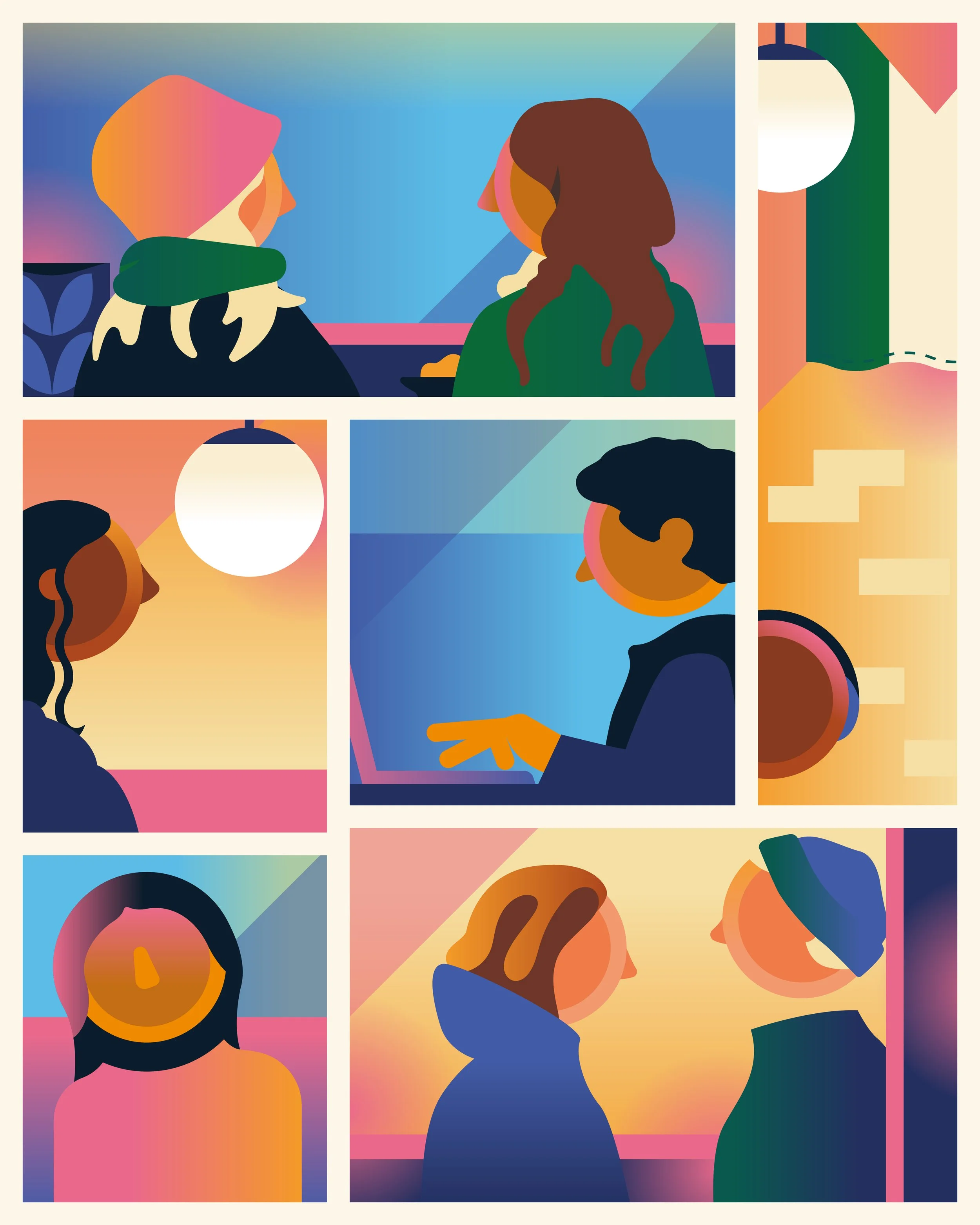 Bold, colourful, graphic illustration, clean, lifestyle brand design and vector artwork, by UK artist Ben the Illustrator, featuring a comic book style creation of people in a cafe.