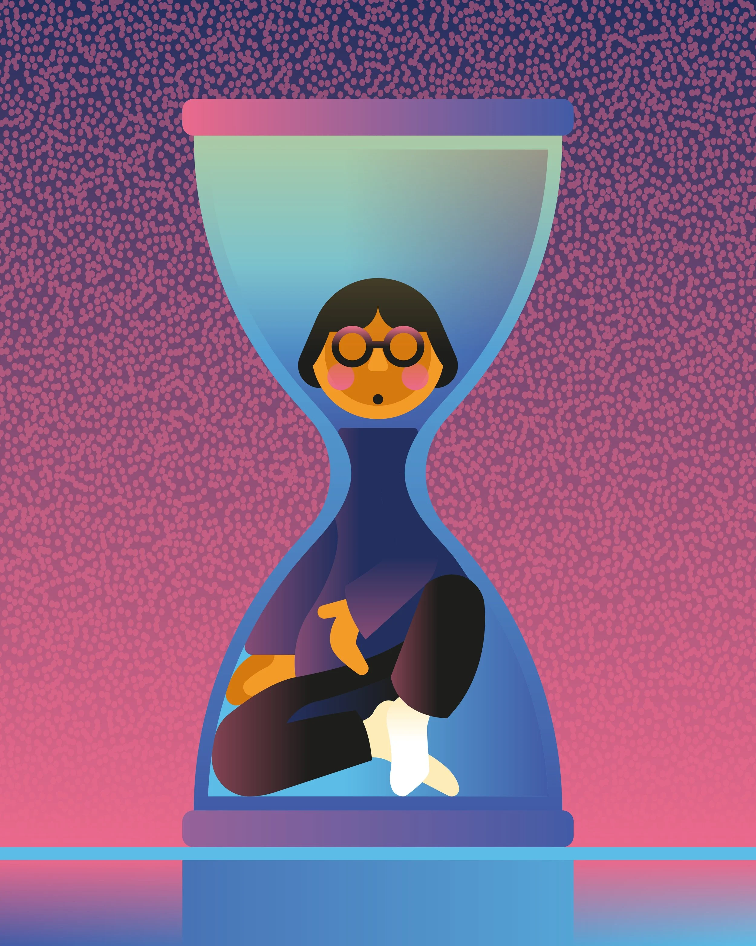 A cartoon woman with glasses and black hair sitting inside an hourglass.
