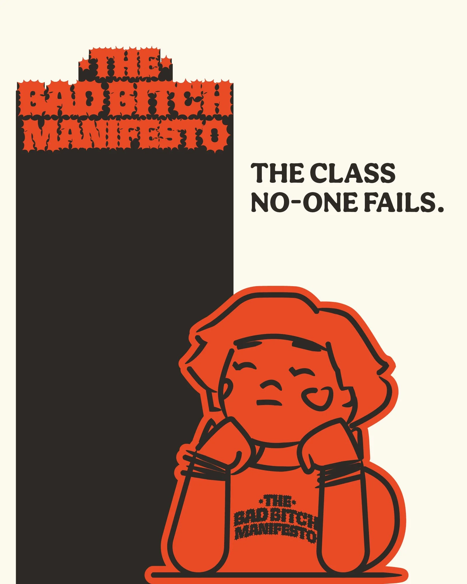 Illustration of a girl with short hair resting her chin on her hands, smiling, wearing a T-shirt with the words "The Comedy Monster". In the background, there's a large black monster with the words "Sorry Not Sorry" written inside its head. To the right, the text reads "The class no-one fails."