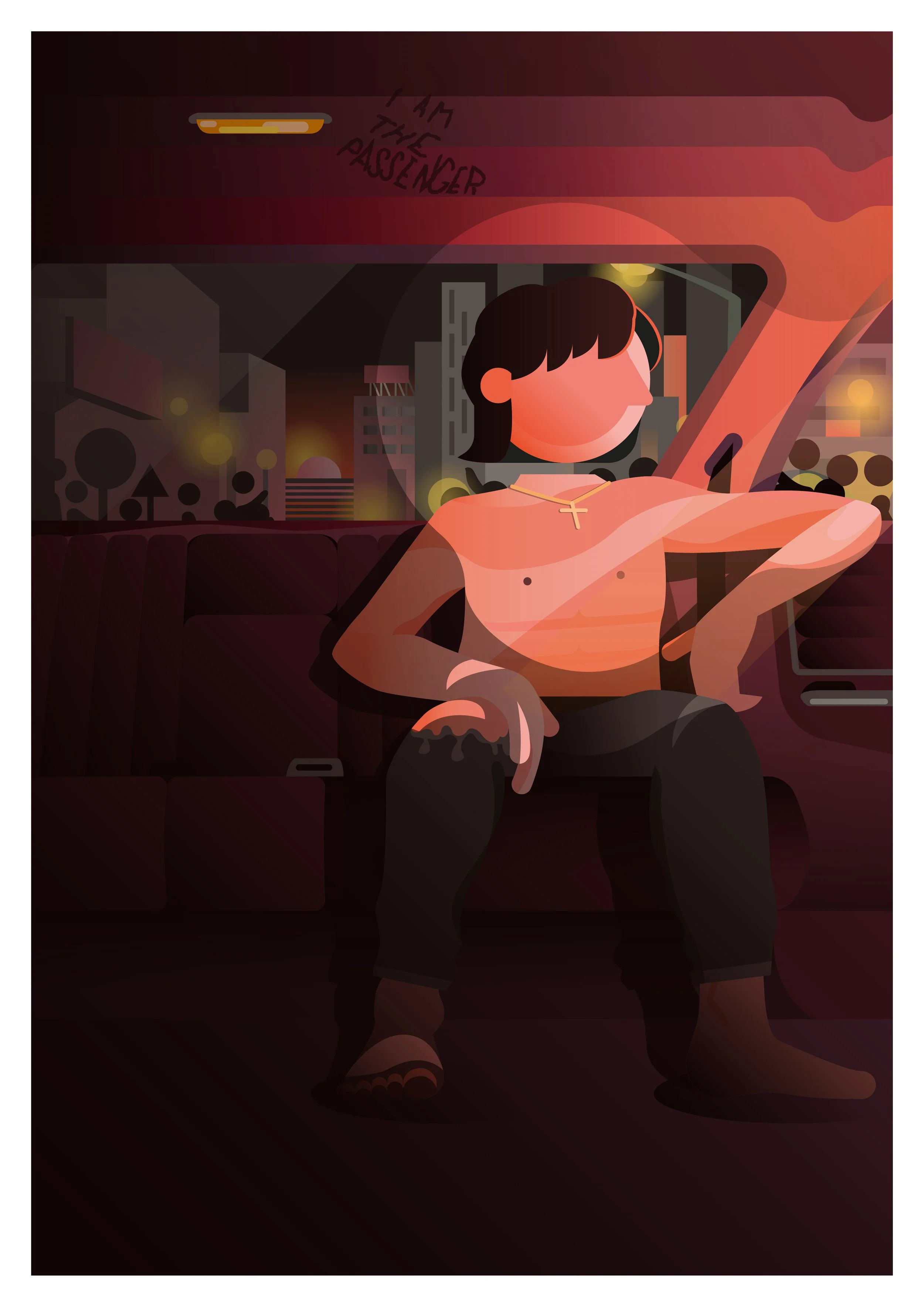 A digital illustration of a person sitting on a bus. The person is shirtless, wearing ripped black jeans, brown boots, and a gold cross necklace. They have black hair and are looking out of the window at a cityscape with buildings and streetlights at night. A sign at the top of the window reads "I AM THE PASSENGER."