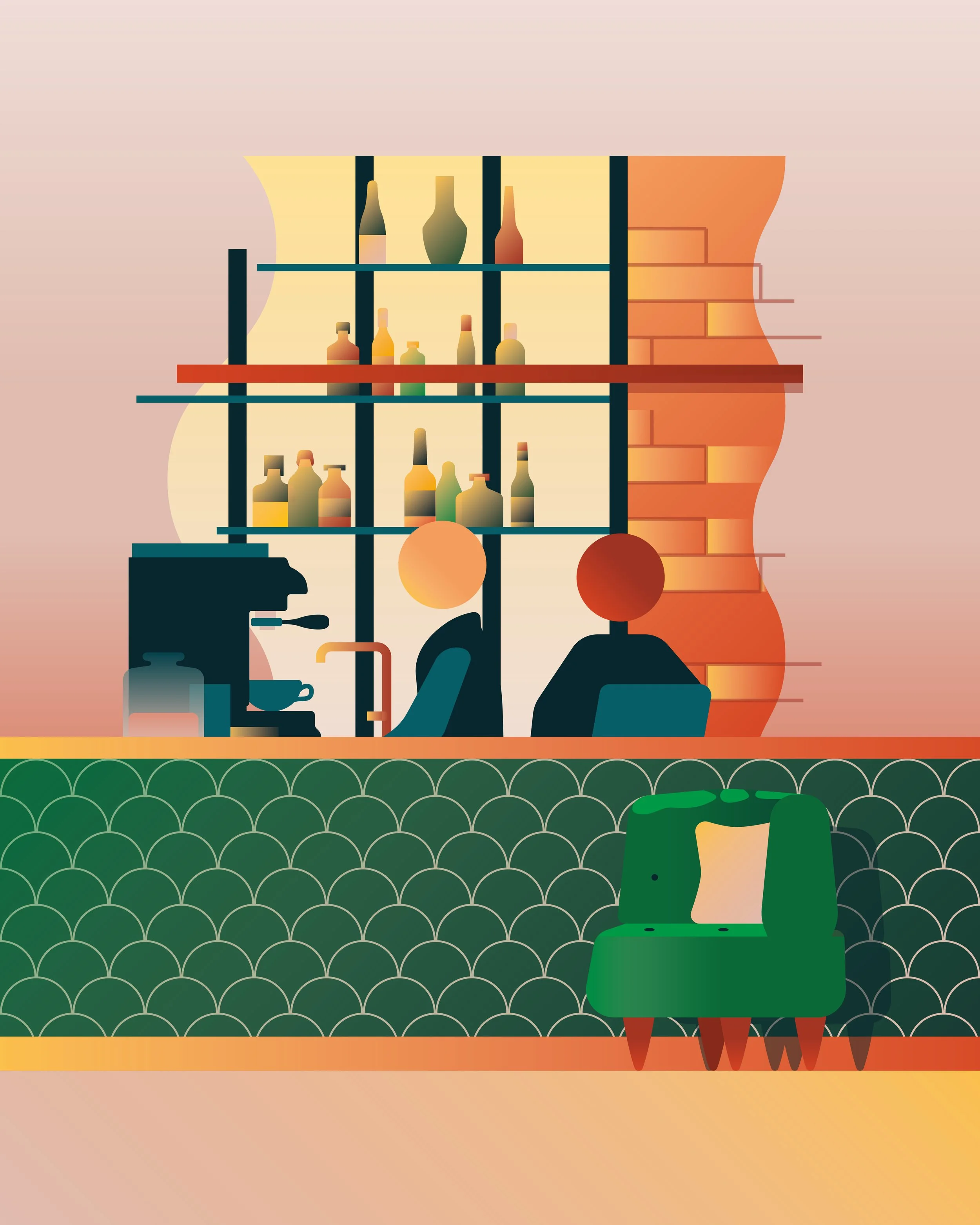 Stylized illustration of a coffee shop interior, showing a counter with two customers, a coffee machine, shelves with bottles, and a brick wall with green seating in the foreground.