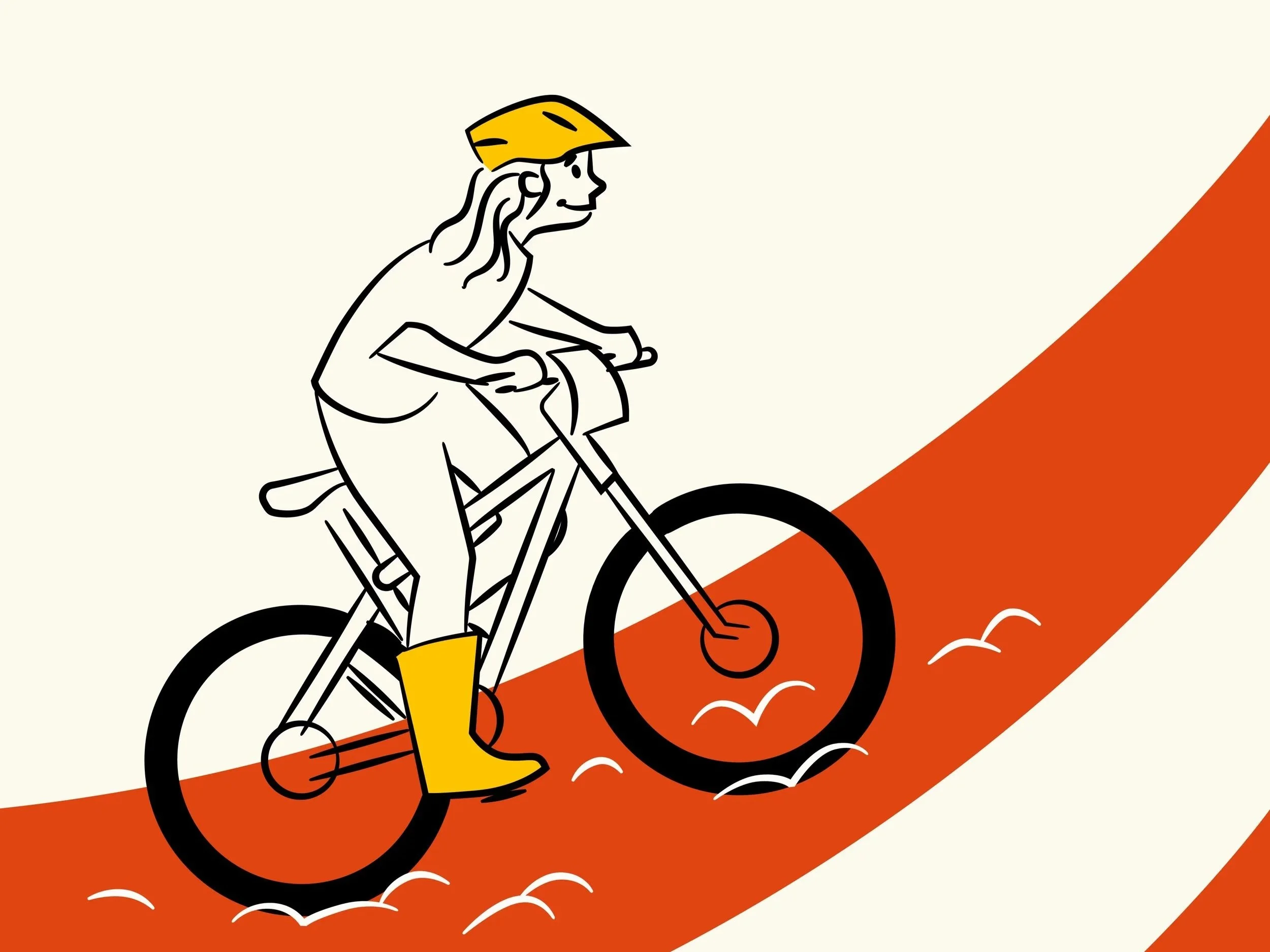 Line drawing of a person riding a bicycle on a red path with white streaks, wearing yellow boots and a yellow hat, with a cream-colored background.