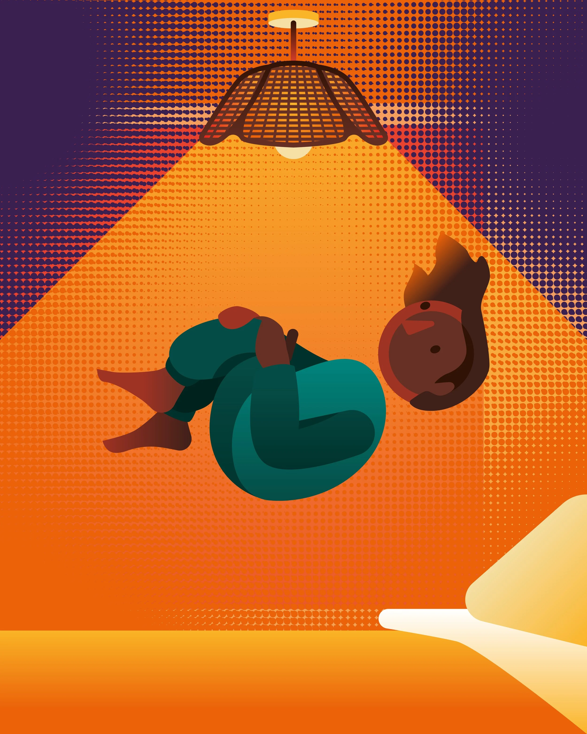 A person with a brown skin tone, wearing a green coat and teal pants, is lying on their side under a hanging lamp that is shining directly on them. The background features a gradient with purple and orange dotted patterns.