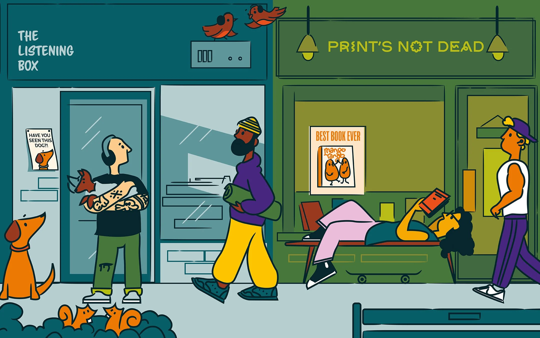 A vibrant lifestyle illustration of a contemporary street scene, featuring bold, graphic style and expressive figurative characters. Ideal for editorial illustration, advertising, and magazine design, this work highlights character-driven storytellin