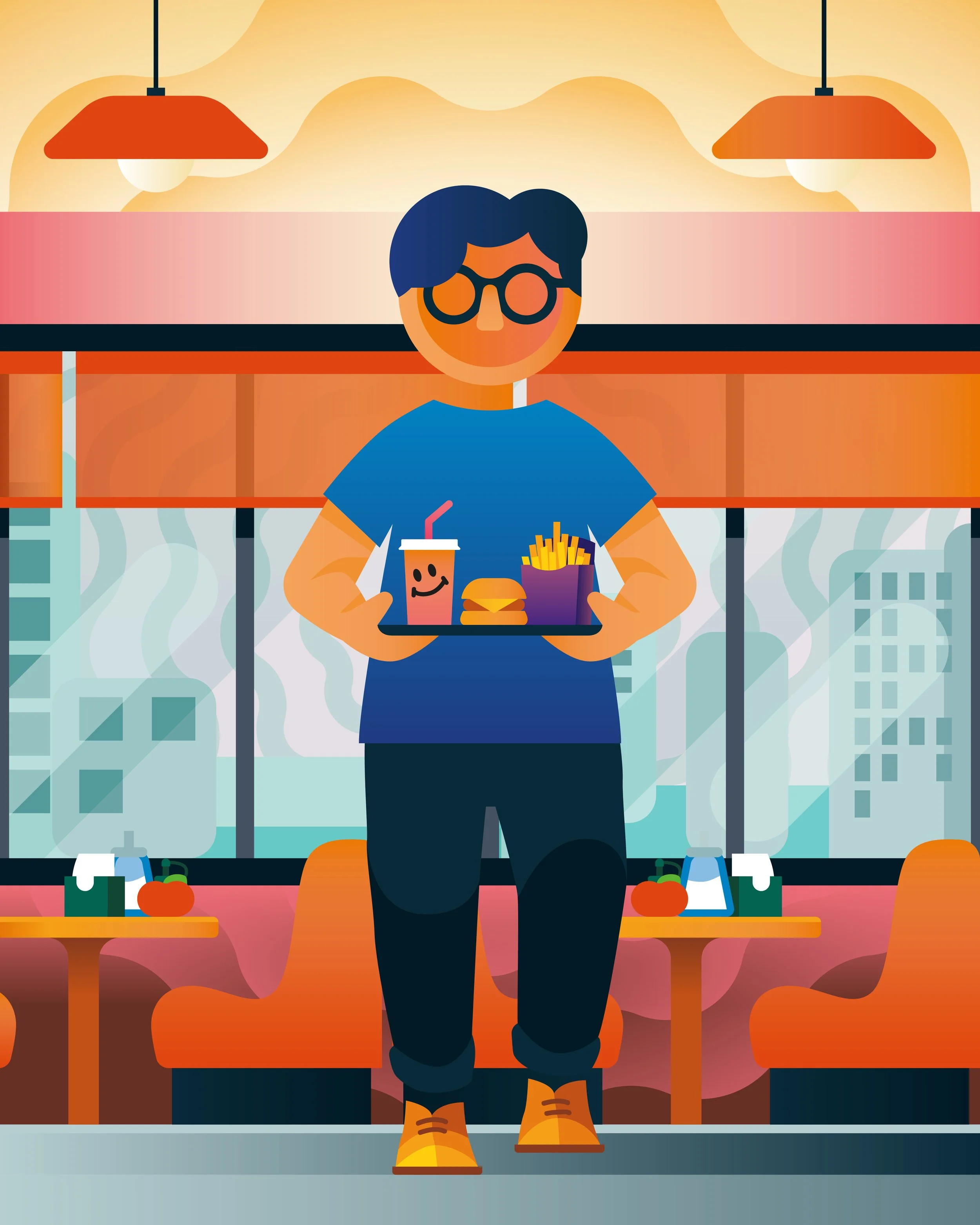 Bold, colourful, graphic illustration, clean, lifestyle brand design and vector artwork, by UK artist Ben the Illustrator, featuring a person in a diner, they are holding a tray with a drink, burger and fries.