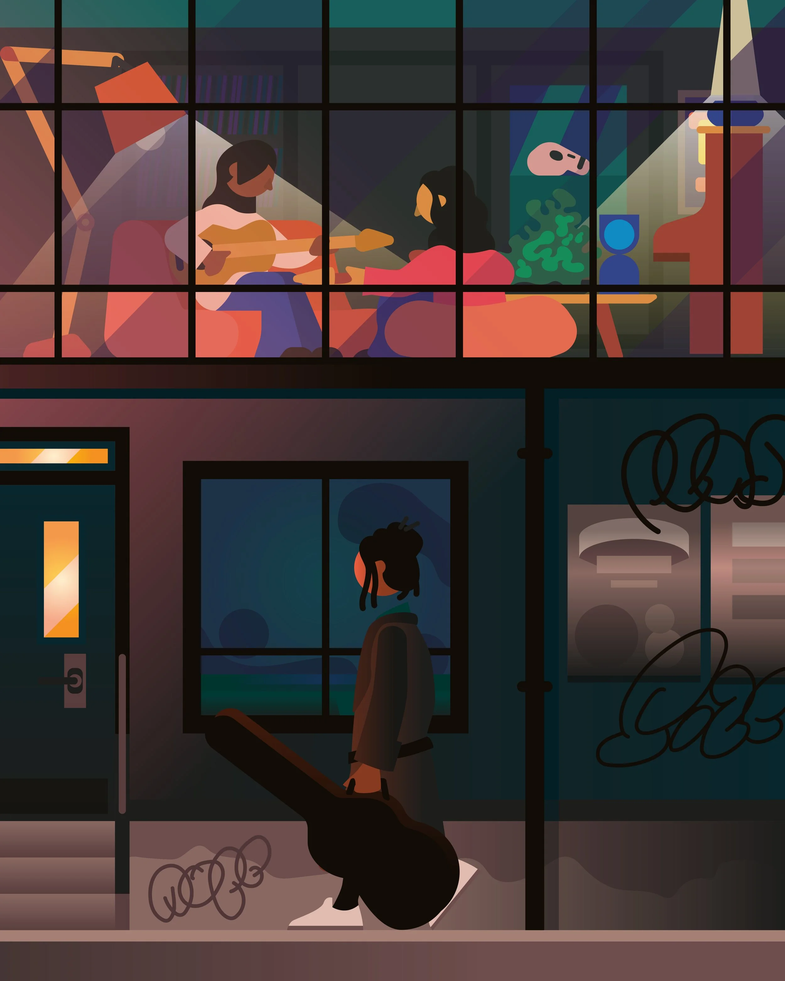 A person with dreadlocks carrying a guitar standing outside at night, looking into a window where two women are playing guitar inside a cozy room with books and decorations.