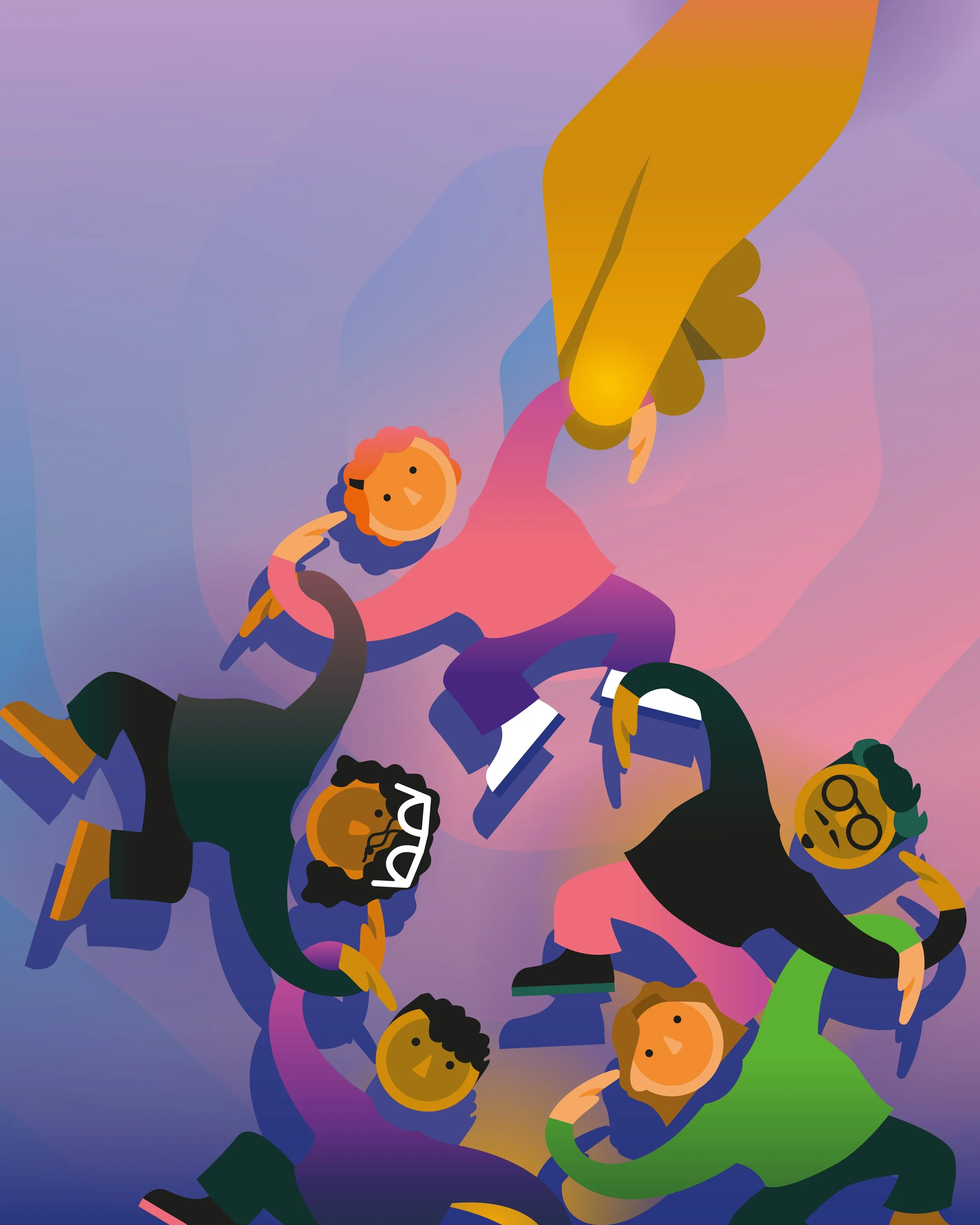 An animated illustration of six diverse people in colorful clothing holding hands in a circle, with a gradient background of purple, pink, and blue hues.