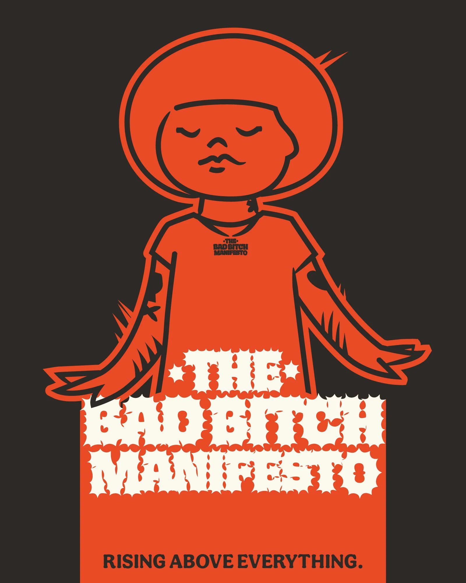 Graphic illustration of a person with a large afro, arms outstretched, with the text "POLICE BRUTALITY" in large, distressed white letters and the phrase "RISING ABOVE EVERYTHING" below.