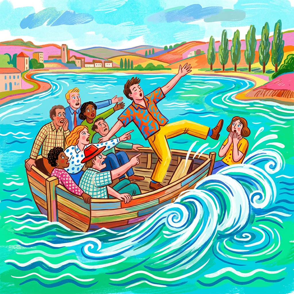 Sit Down, You’re Rockin’ the Boat
as we imagine David Hockney would have painted it.