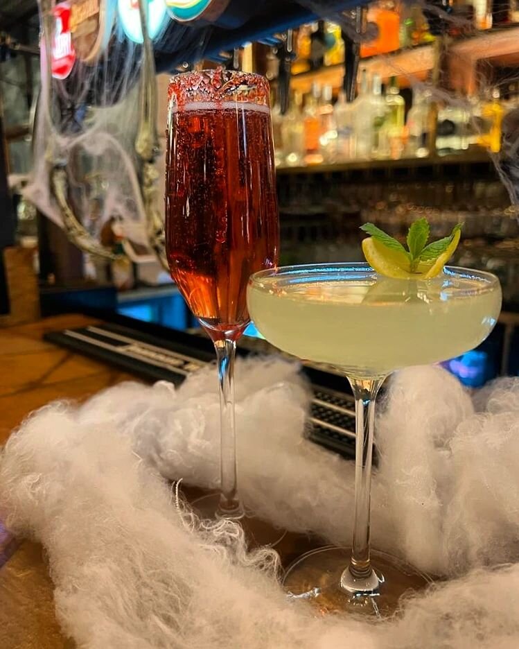 🦇HALLOWEEN SPECIALS🦇 Vampire Kiss &amp; Corpse Reviver ARE HERE! These spine tinglingly delicious cocktails are on our menu til end of Monday! 

Vampire Kiss 🩸 Chambord, Prosecco, Grenadine

Corpse Reviver 🧪 Gin, Chartreuse, Vermouth, Lemon, Absi