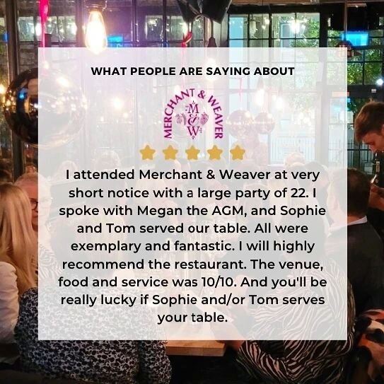 What a wonderful review! Thank you! 
⭐️⭐️⭐️⭐️⭐️

Book your tables now via the link in our bio or email us on hello@merchantandweaver.co.uk
