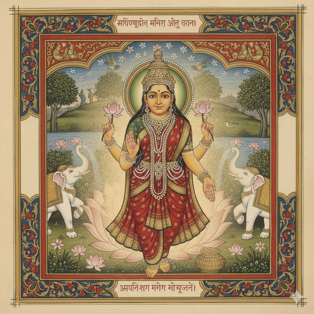 Dans l&rsquo;Oc&eacute;an de lait, alors que dieux et d&eacute;mons s&rsquo;affrontaient pour le pouvoir, la reconnaissance et l&rsquo;illusion de la richesse, surgit Lakshmi, &eacute;clatante, debout sur un lotus g&eacute;ant, accompagn&eacute;e de 