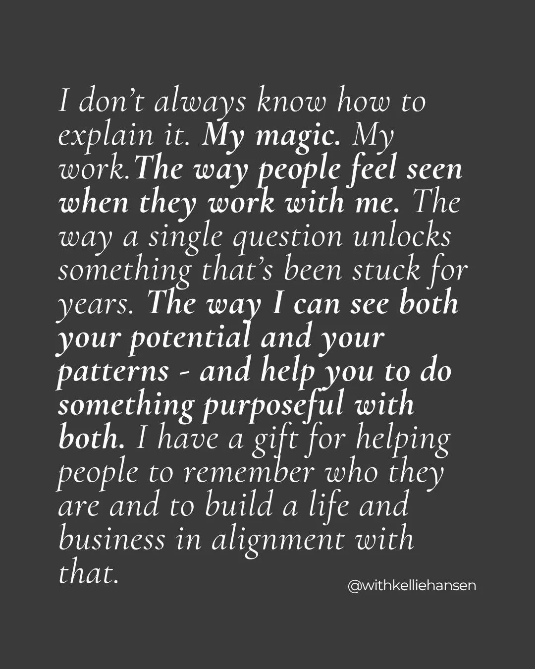 Much of what I do as a mentor can&rsquo;t be summarised into a neat sentence or polished elevator pitch because the work goes deeper than a few words.

I help people see both their potential and their patterns, and do something purposeful with both.
