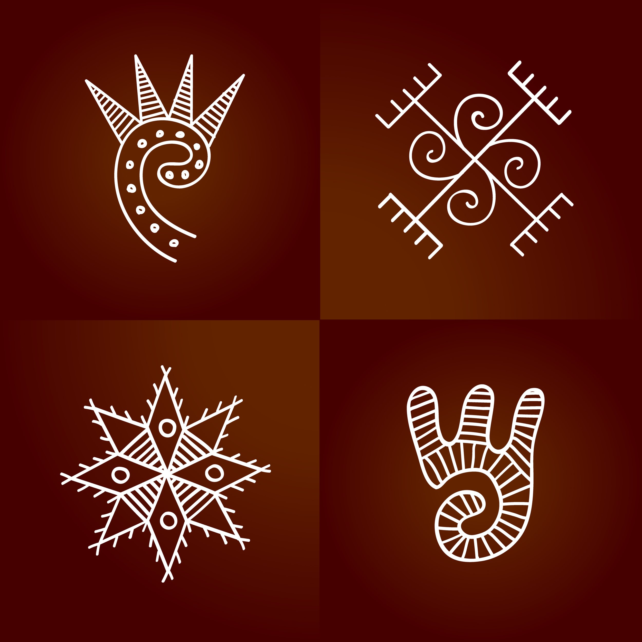 Cucuteni-trypillian kulttuurisia arkeologisia symboleita, joissa naturalistiset aiheet sekoittuvat abstrakteihin kuvioihin.