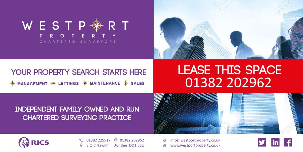 Advertisement for Westport Property offering leasing services, with contact details including phone numbers and email. Includes terms like management, lettings, maintenance, and sales. Features corporate imagery of people and buildings.