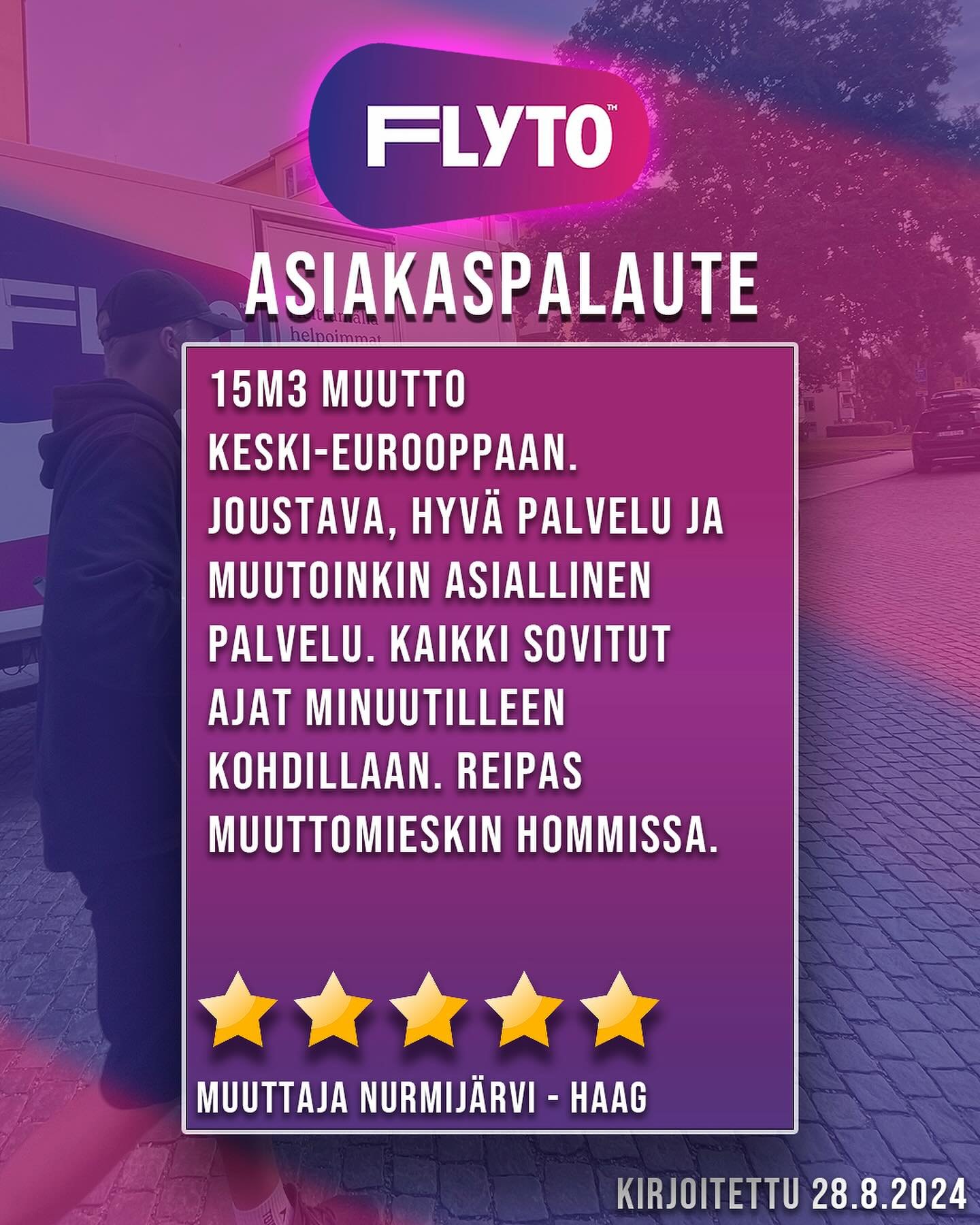 Kiva n&auml;h&auml;, ett&auml; kaikki on mennyt hyvin j&auml;lleen💪🤩
Meid&auml;n asiakastyytyv&auml;isyys on 4.9/5.0 joka on kielt&auml;m&auml;tt&auml; todella kivan n&auml;k&ouml;inen luku🤩🤘 KIITOS❤️

ILMAINEN TARJOUSPYYNT&Ouml; 👉 WWW.FLYTO.FI
