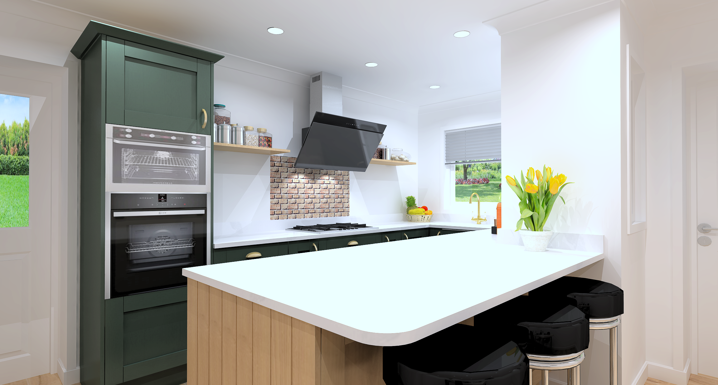Modern kitchen with black oven and microwave, green cabinets, white countertop, brick backsplash, yellow tulips in a white vase, and a window overlooking a grassy yard.