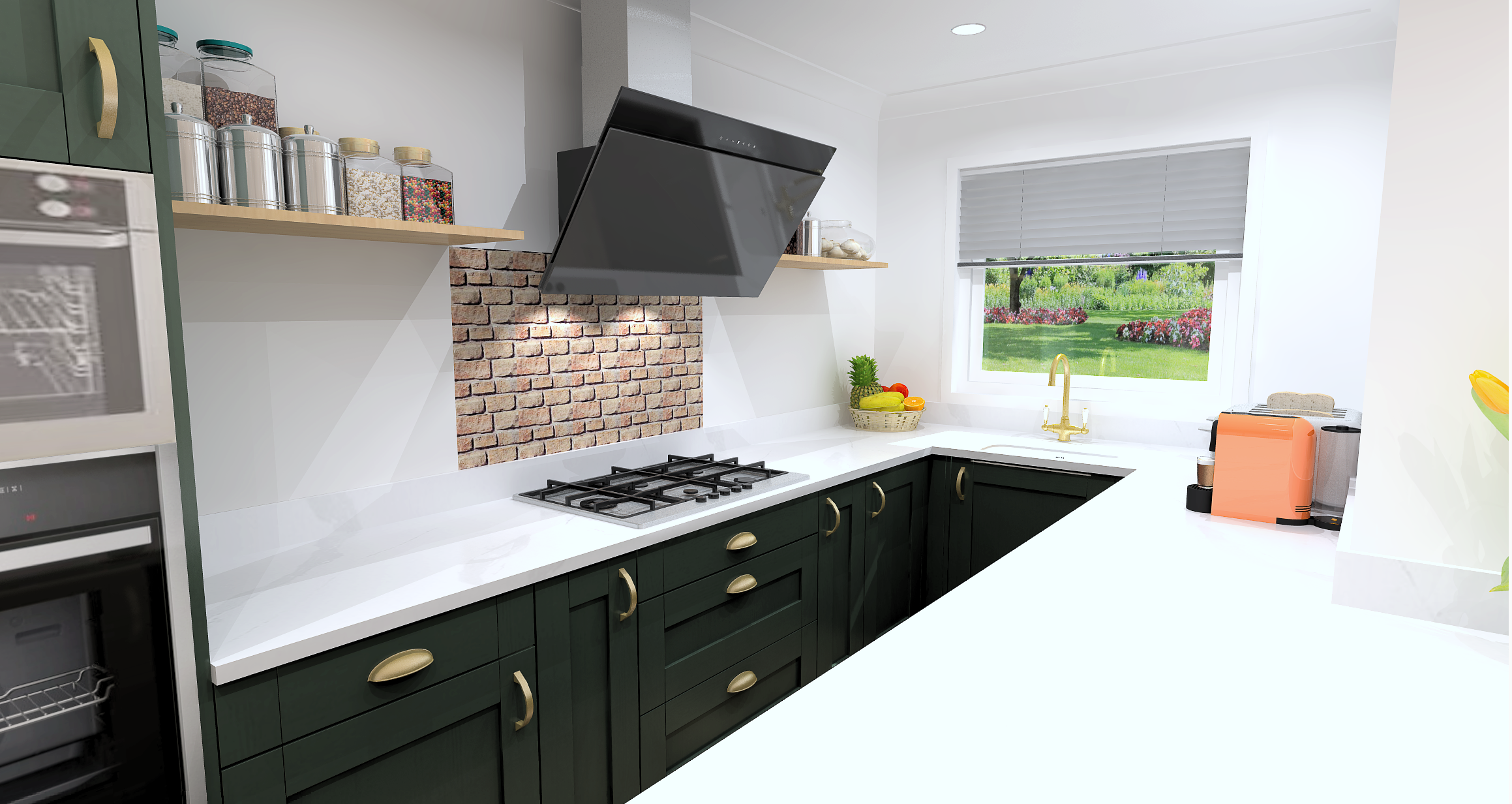 Modern kitchen with white countertop, black cabinets with gold handles, brick backsplash, stainless steel appliances, and a window showing green grass and flowers outside.
