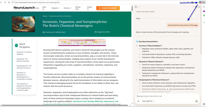 Copilot sidebar in Microsoft Edge summarizing key points from a neuroscience article