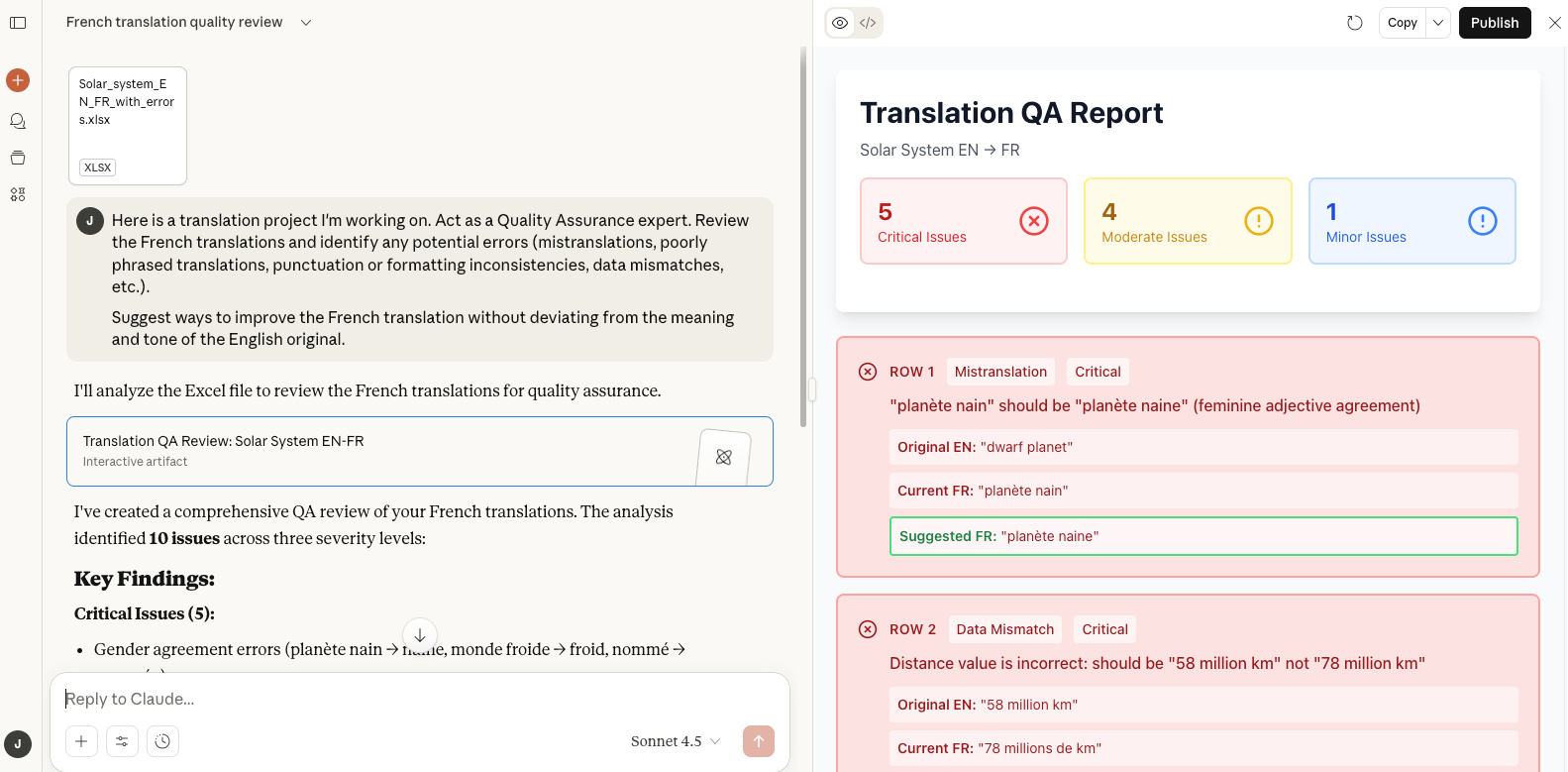 Claude AI translation QA feature for error detection and quality review