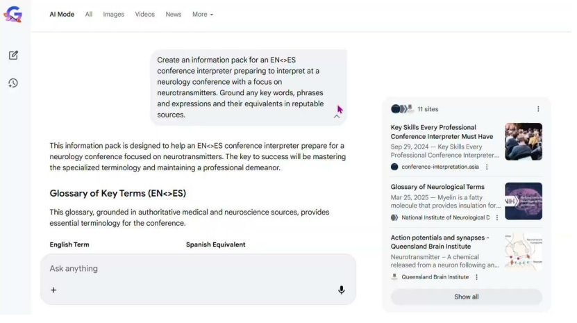 AI Mode generating glossary and prep pack for conference interpreter in Google Search