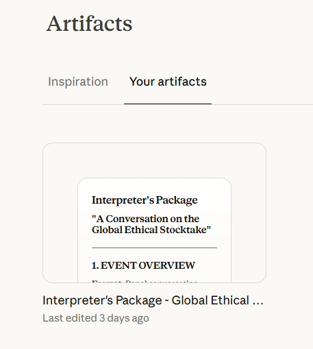 Claude AI artifact panel for creating interactive documents and tools