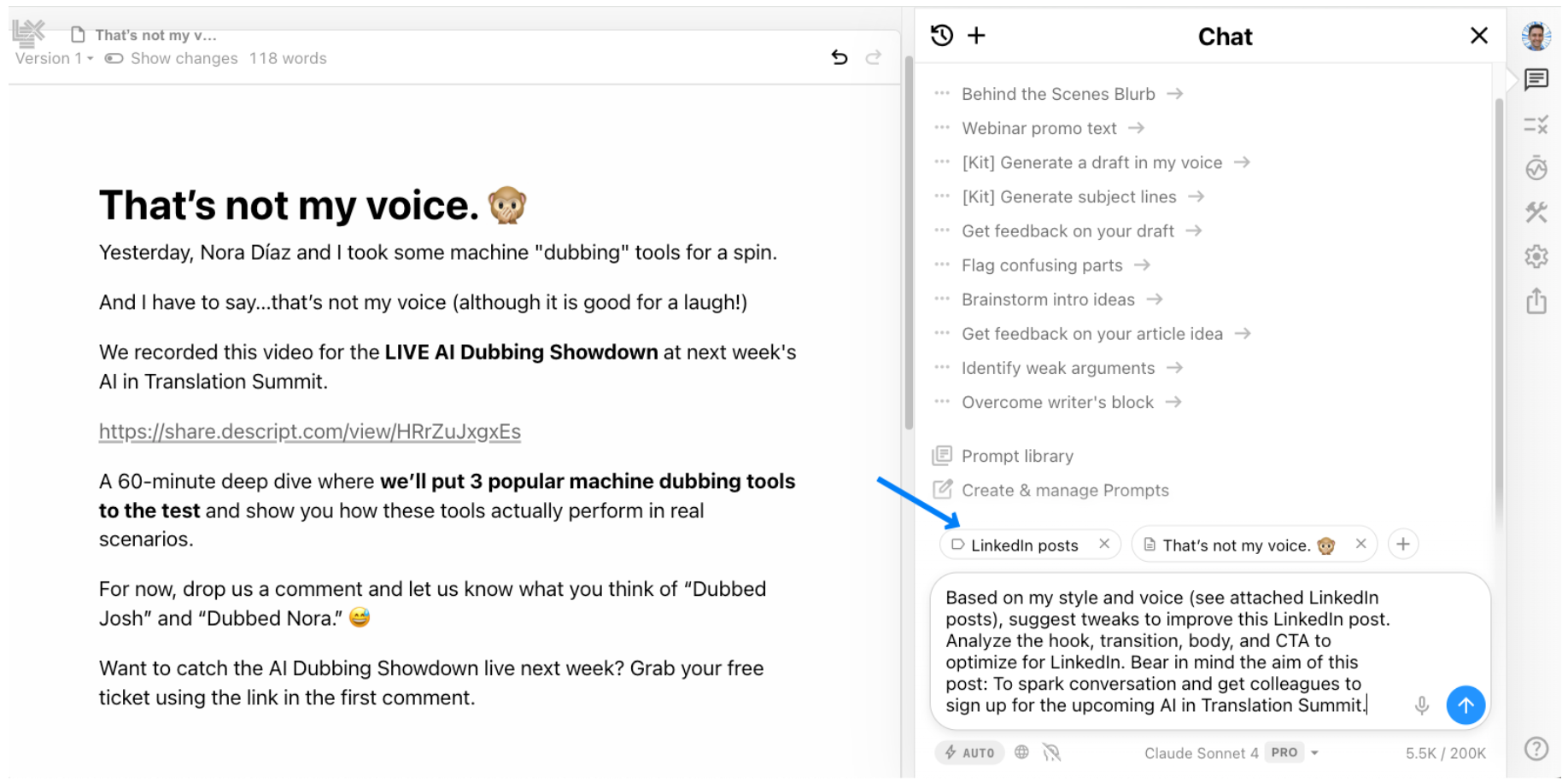 Use AI tools like Lex with a style guide to get writing feedback tailored to your voice and platform
