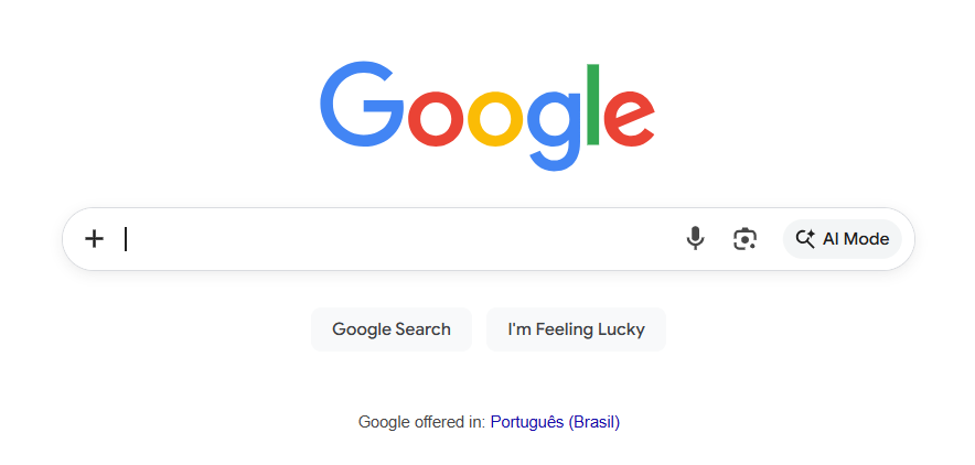 Google homepage showing AI Mode button next to the search bar