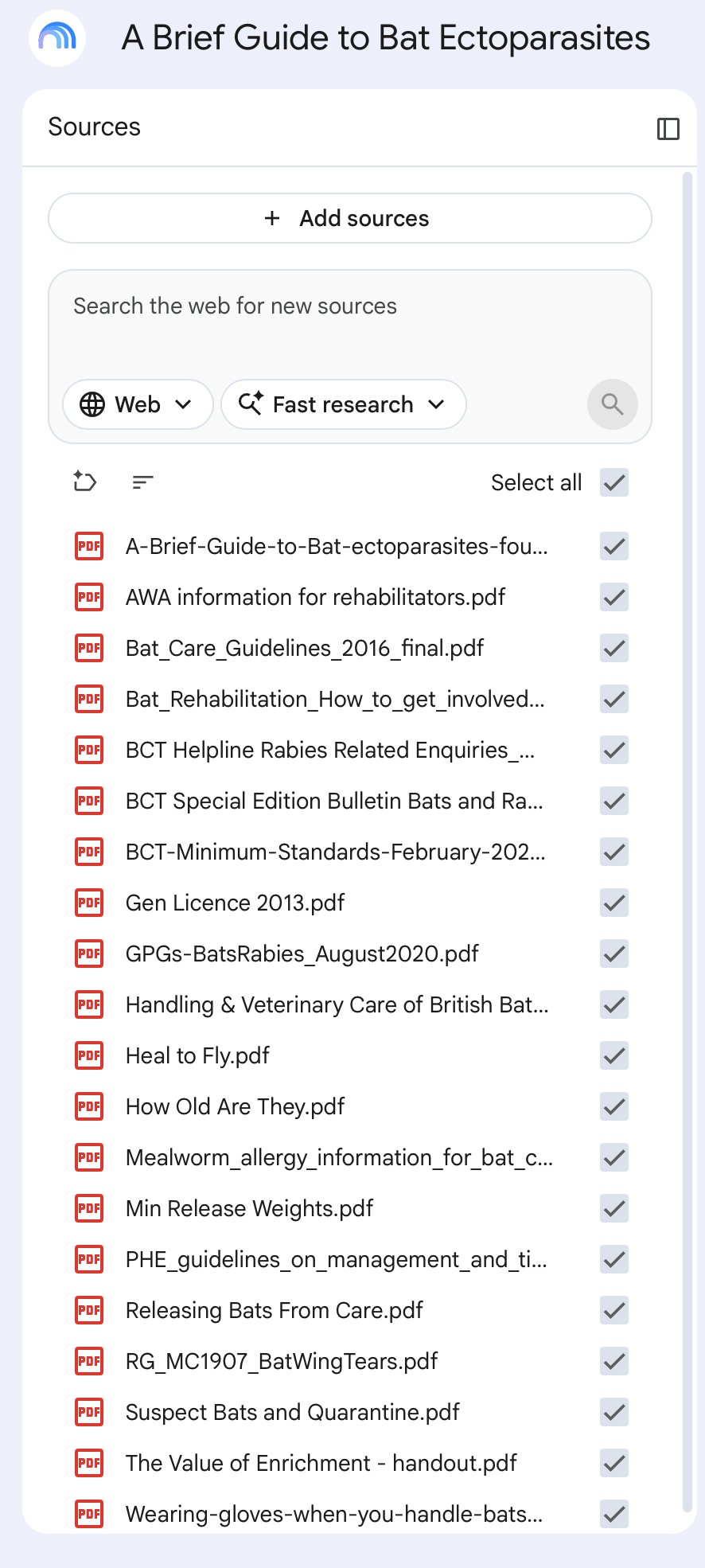 NotebookLM’s sidebar displaying a list of selected research sources with an option to add more.