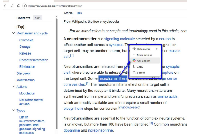Highlighted term with Ask Copilot option in Microsoft Edge for instant explanation