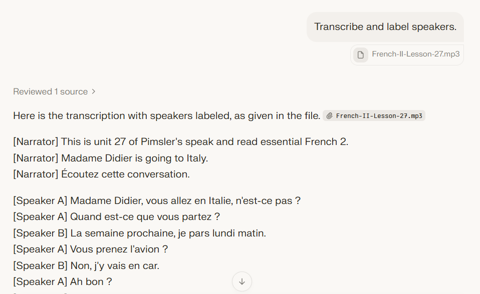 AI browser transcription with speaker labeling for audio files