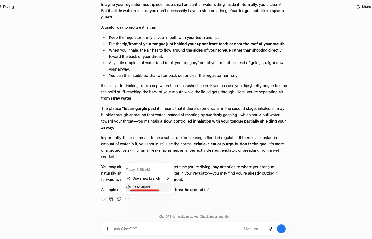 Audio option icon for listening to text in ChatGPT.