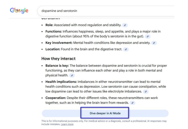 Google search AI Overview with highlighted Dive Deeper in AI Mode button below explanation